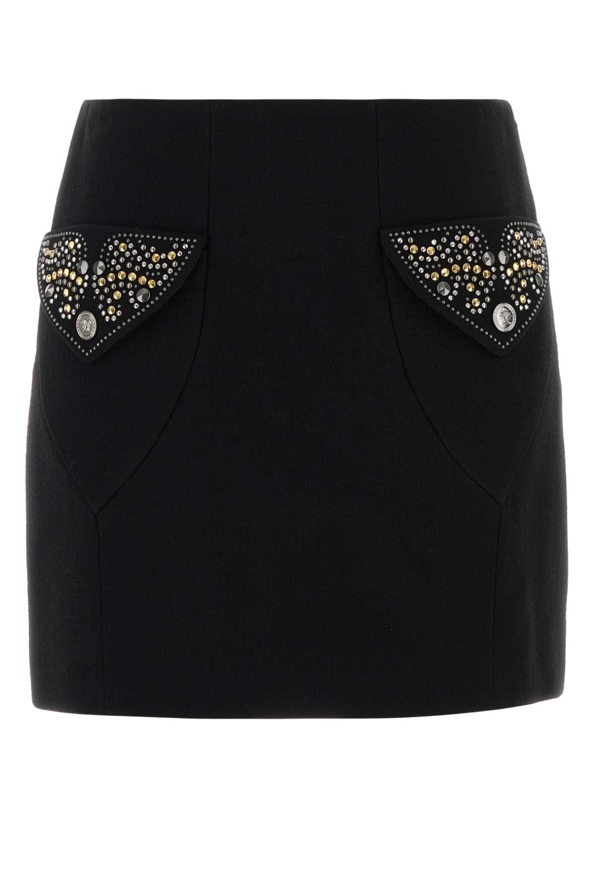 Versace Chic Fitted Mini Skirt With Embellished Pockets In Multi