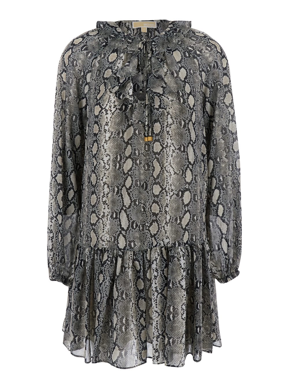 Grey Crewneck Mini Dress With Long Puffed Sleeves And All-over Snakeskin Print In Tech Fabric Woman