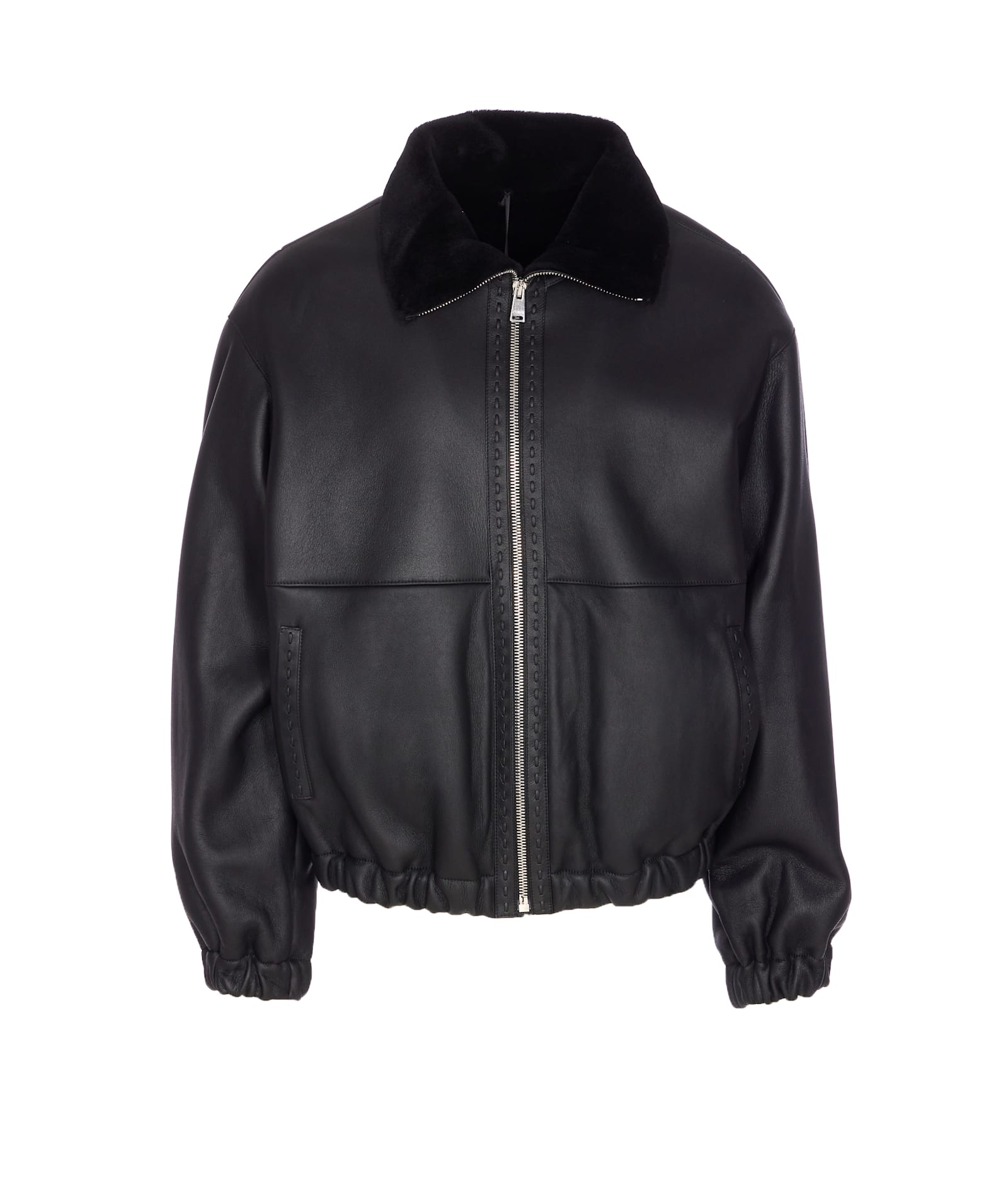 Fendi Men Black Shearling Jacket With Dropped Shoulders And Ff Patch On The Rear In Leather Man In Black