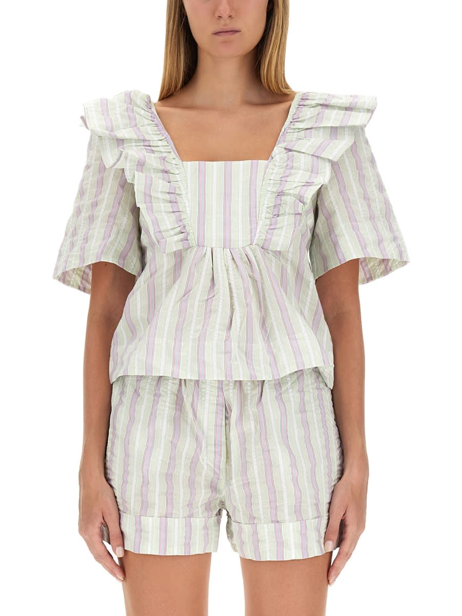 Ganni Striped Seersucker Ruffle Blouse In Multicolour