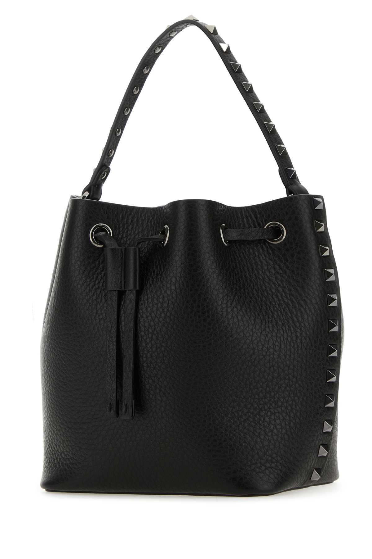 Shop Valentino Black Leather Rockstud Bucket Bag In Nero