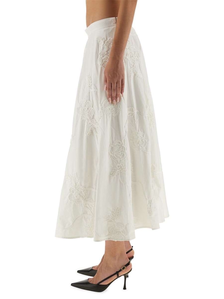 Rotate Birger Christensen Floral Embroidered A-line Midi Skirt In Organic Cotton In White