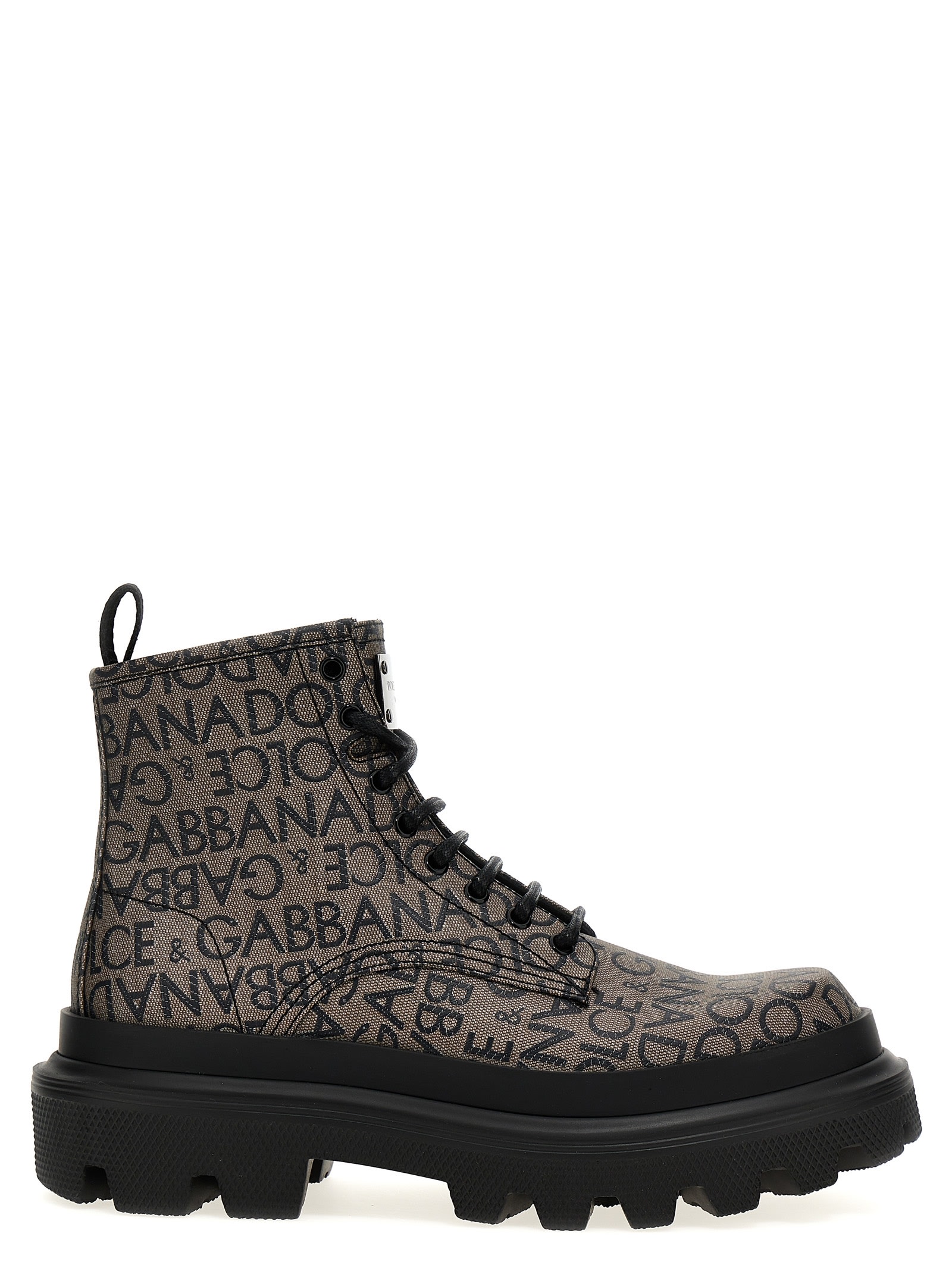 Shop Dolce & Gabbana Jacquard Logo Combat Boots In Marrone