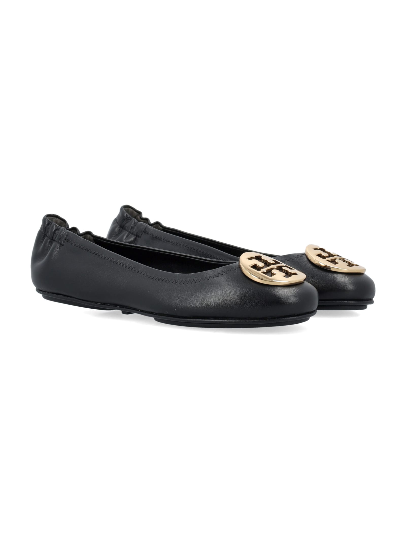 Shop Tory Burch Minni Travel Ballet Flats With Logo In Perfect Black / Gold