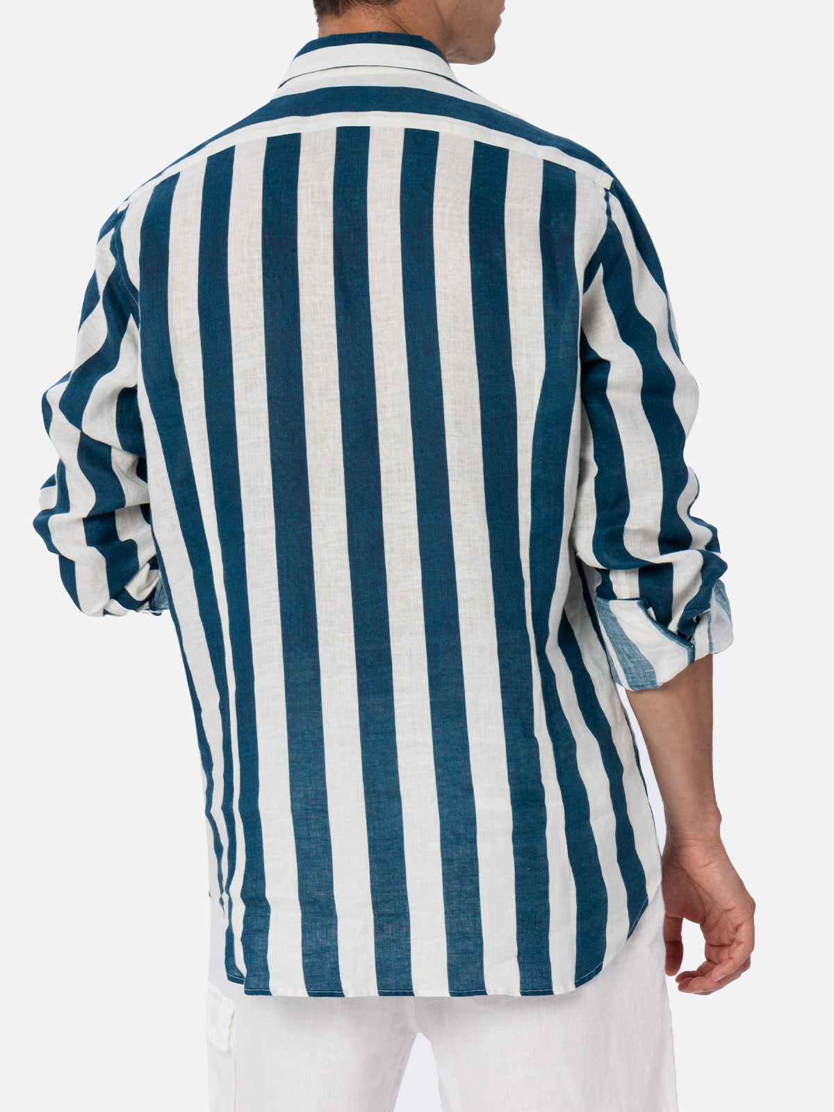 Mc2 Saint Barth Man Navy Blue Striped Linen Shirt Pamplona In Blue