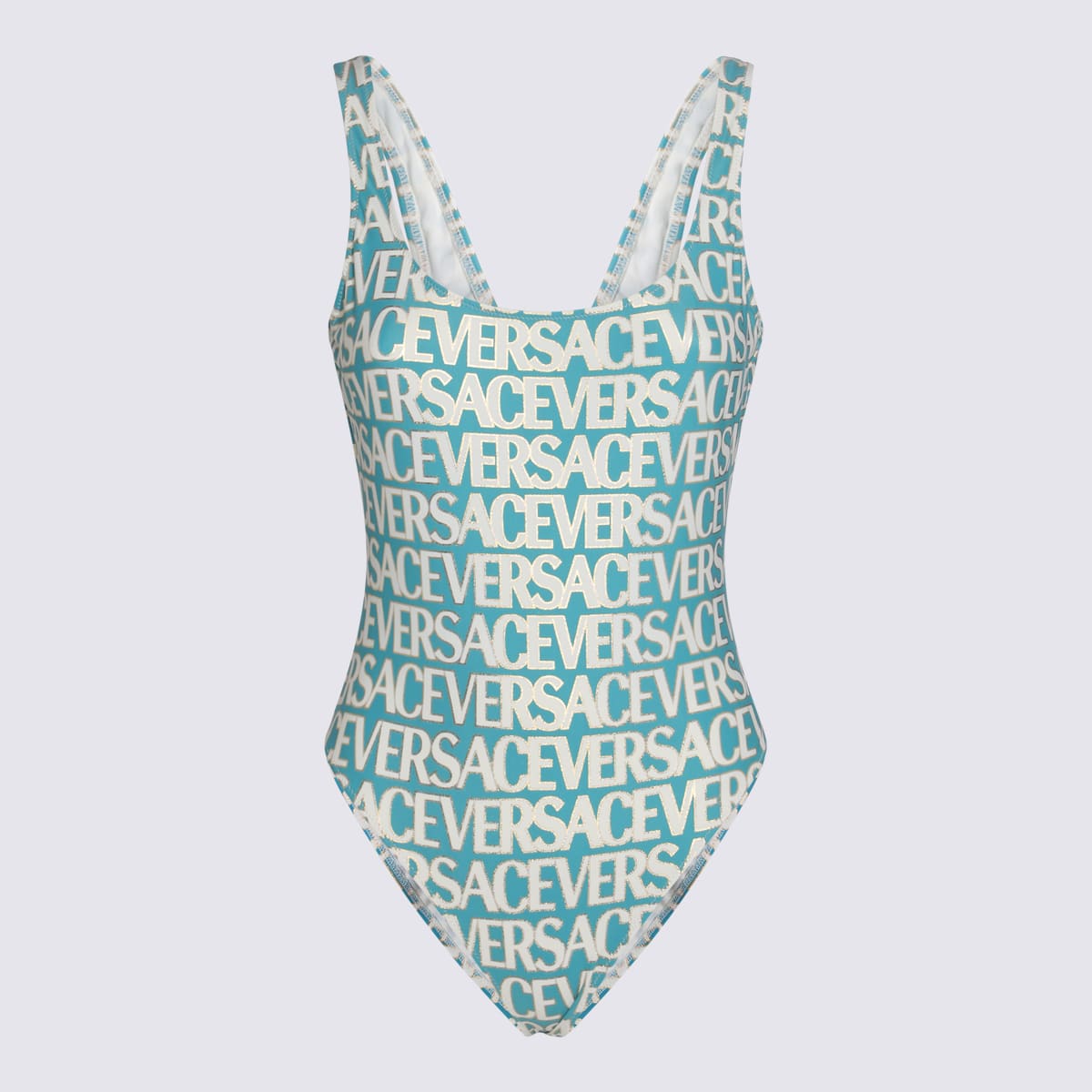Shop Versace Turquoise And White Swimsuit In Turquoise/avory