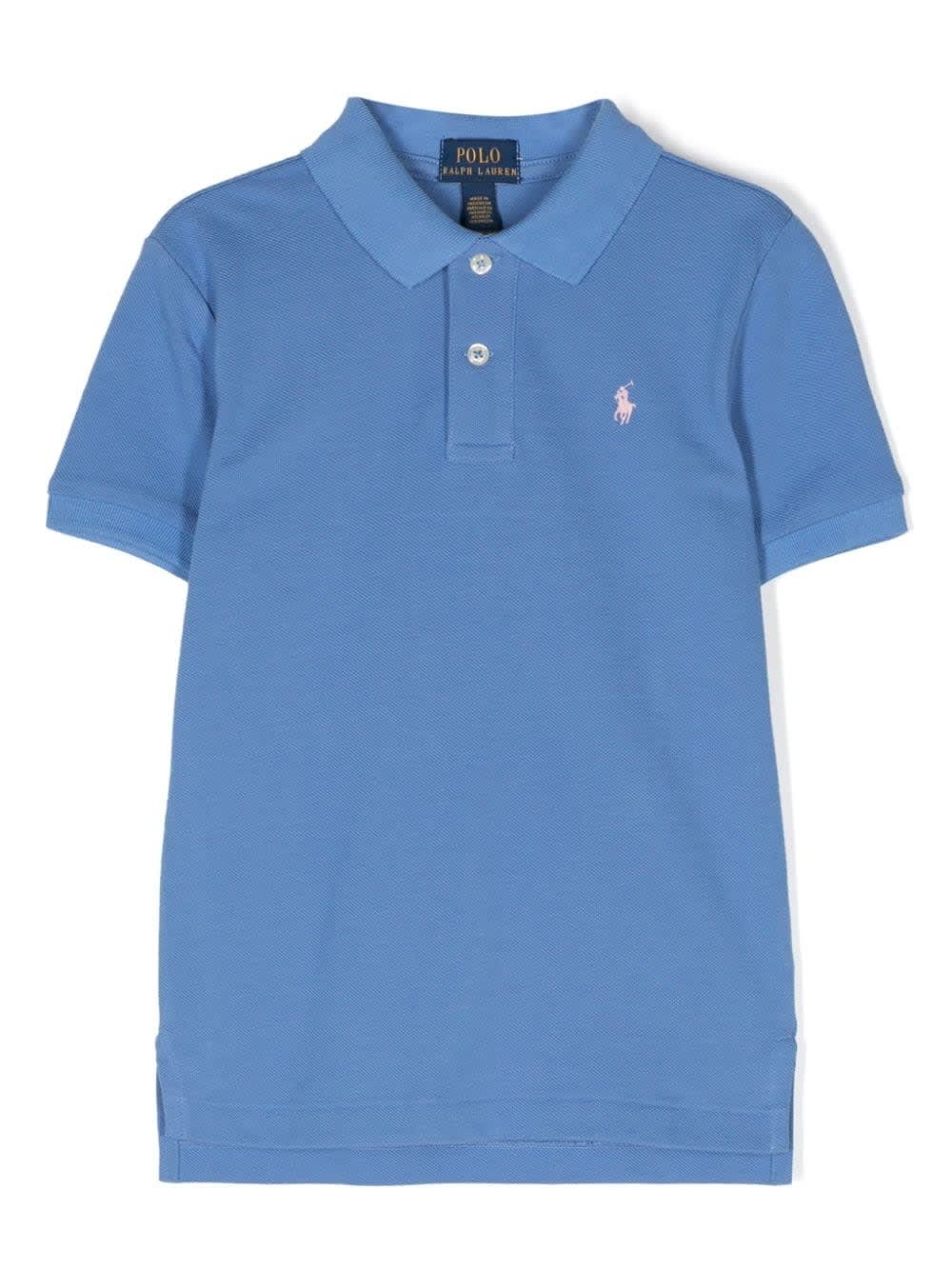 Shop Ralph Lauren Cerulean Blue Short-sleeved Polo Shirt With Contrasting Pony
