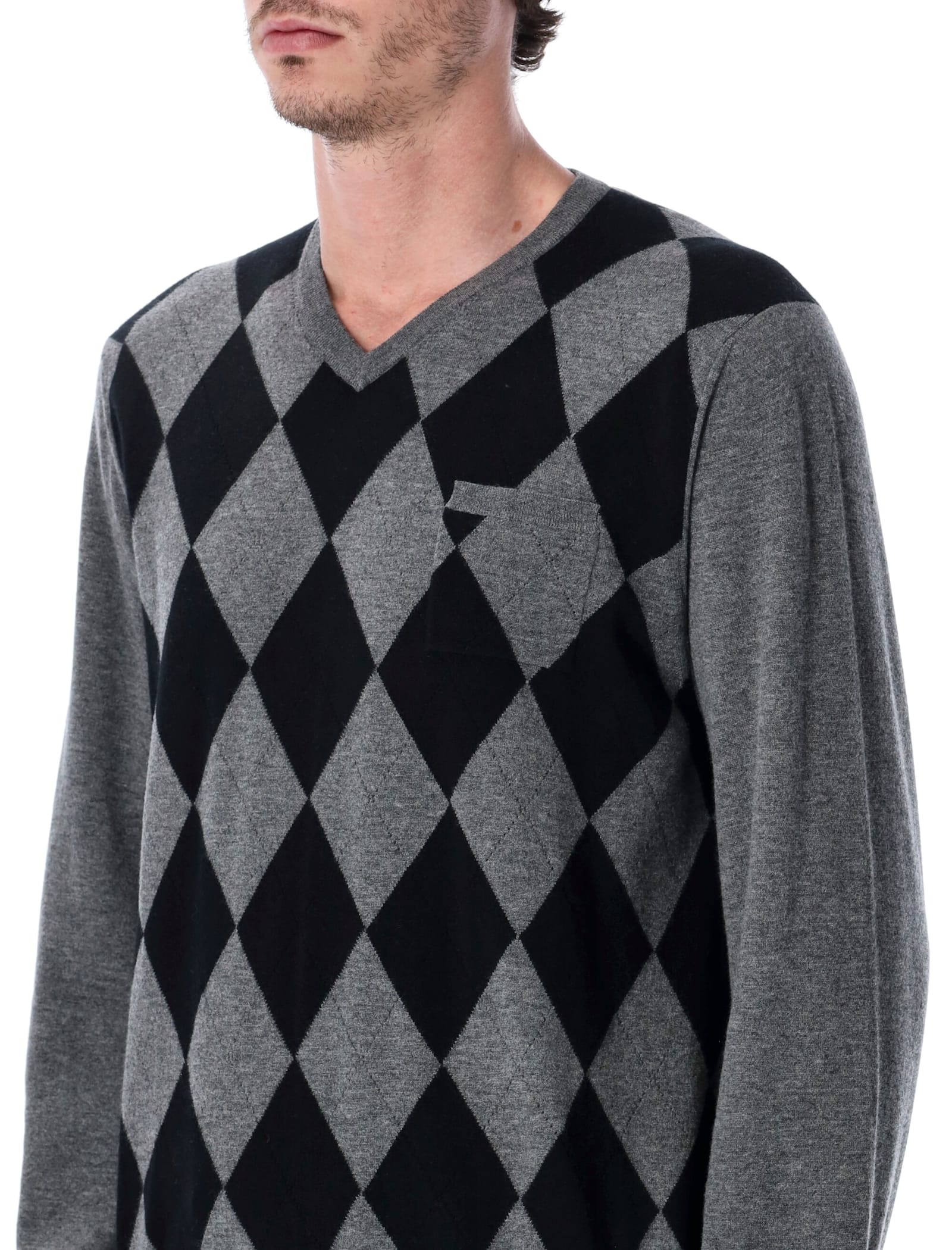 Ferragamo Grey Virgin Wool Argyle V-neck Sweater In Gray