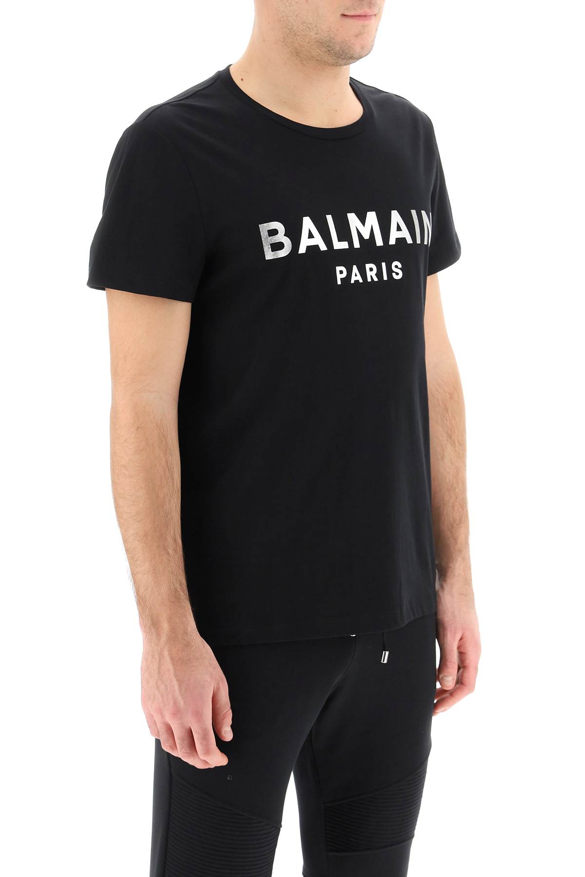 Shop Balmain Metallic Silver Logo T-shirt In Black