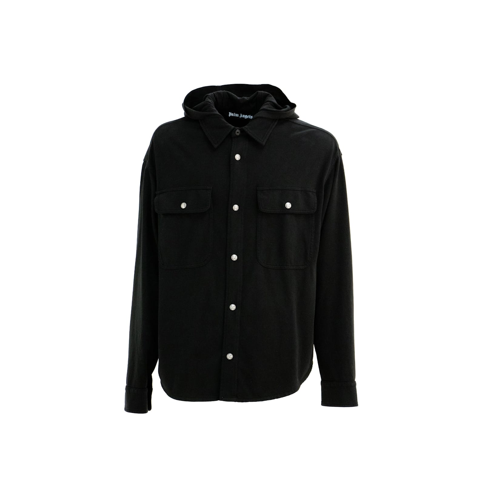 Palm Angels Hooded Overshirt With Classic Logo And Flap Pockets In Black