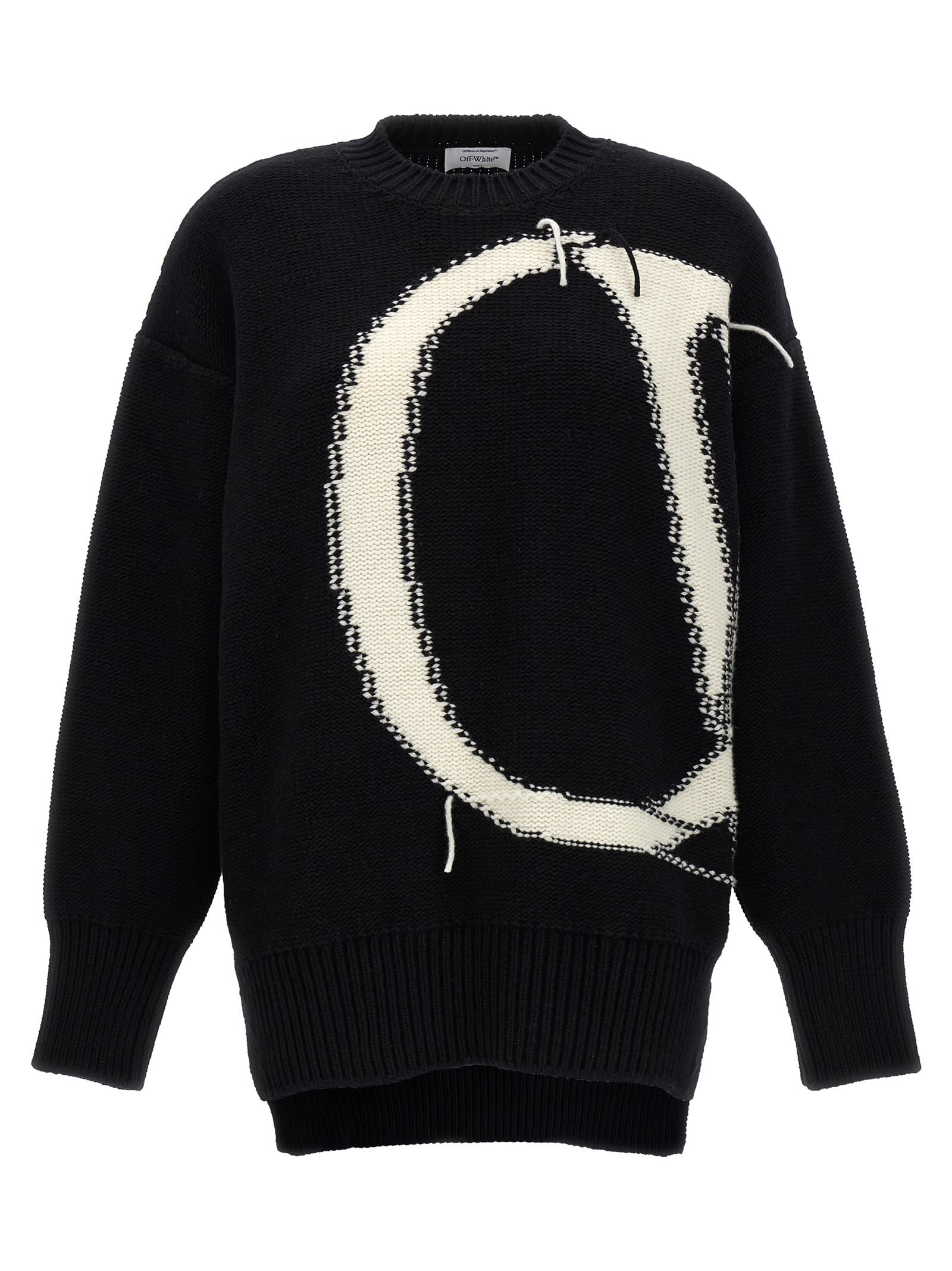 Off-white Ow Maxi Logo Intarsia Crewneck Wool Sweater In White/black