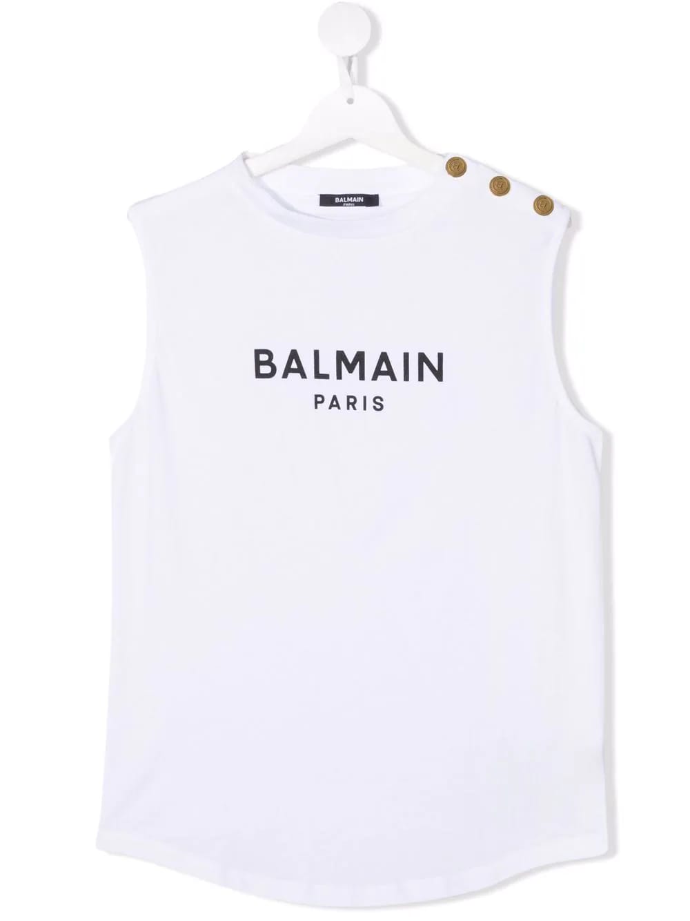 BALMAIN KIDS WHITE SLEEVELESS T-SHIRT WITH BLACK LOGO AND GOLDEN EMBOSSED BUTTONS