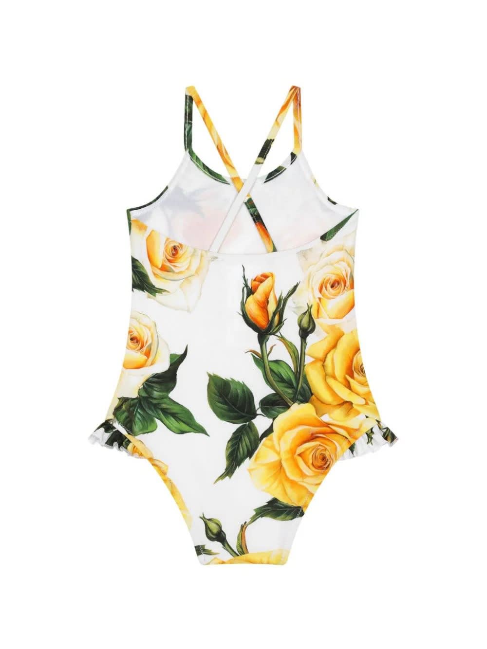 Shop Dolce & Gabbana White One-piece Swimwear With Yellow Rose Print