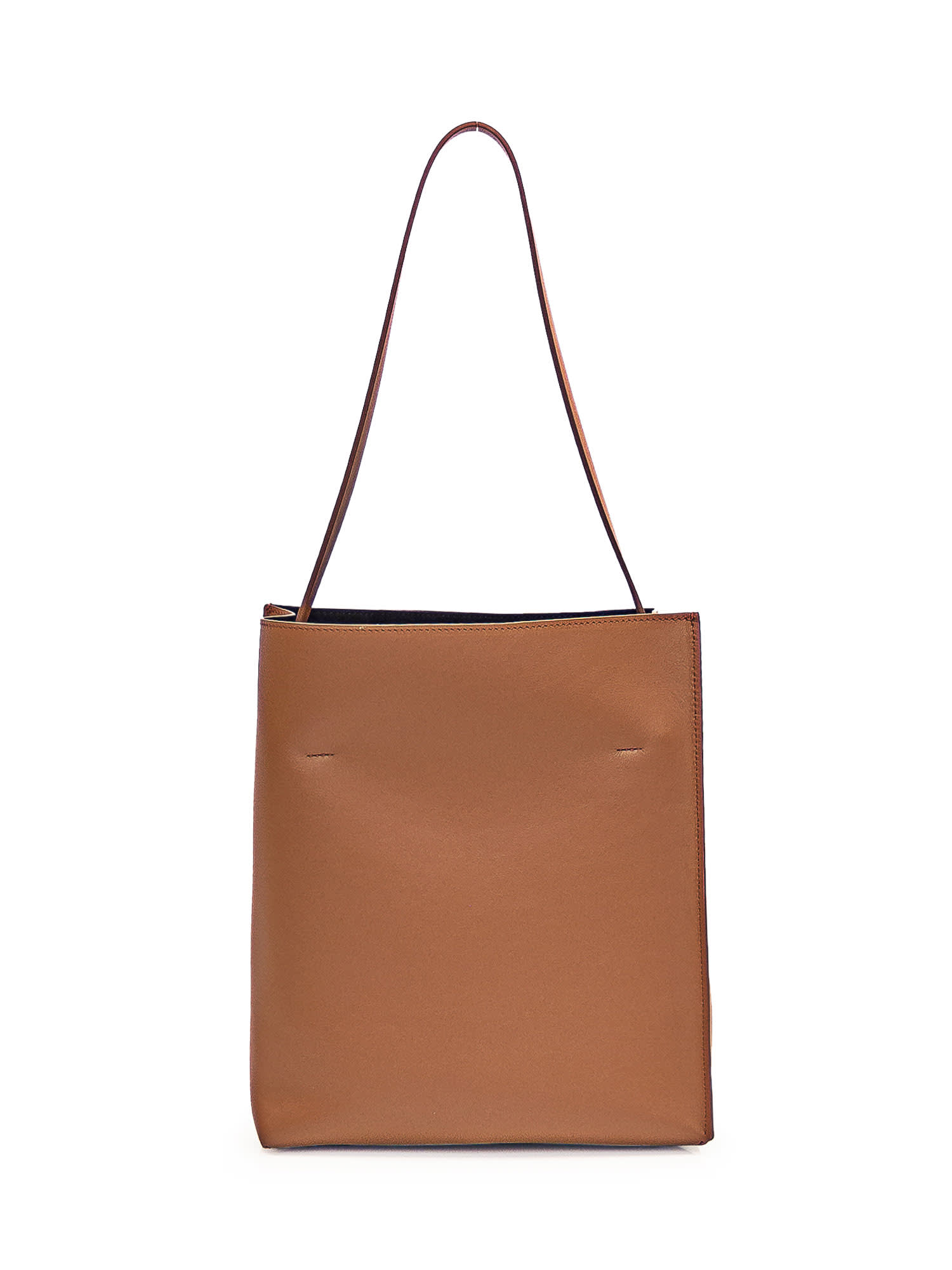 Marni Brown Structured Calfskin Shopping Bag With Ivory Details In Moca/ivory