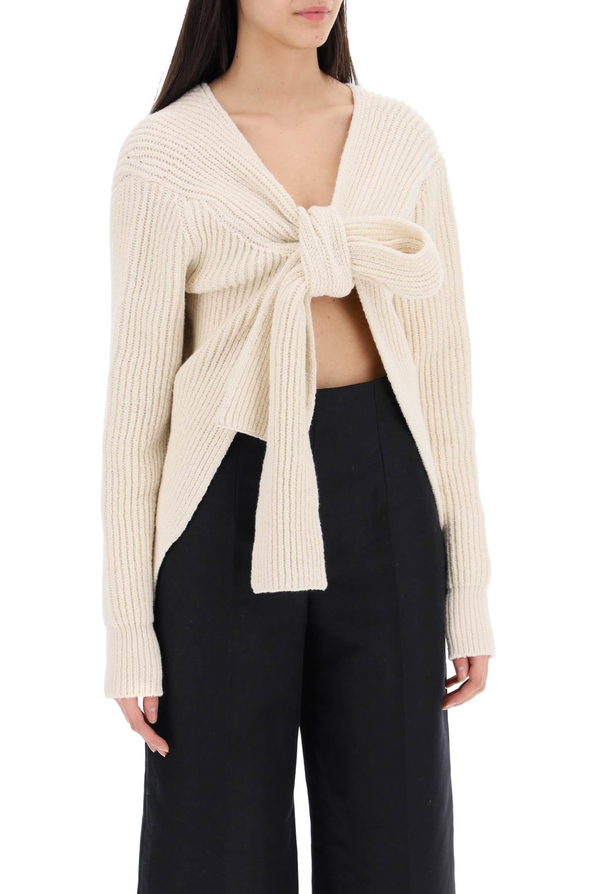 Shop Jil Sander Ribbed Sweater With Tieable Closure In Coconut (beige)