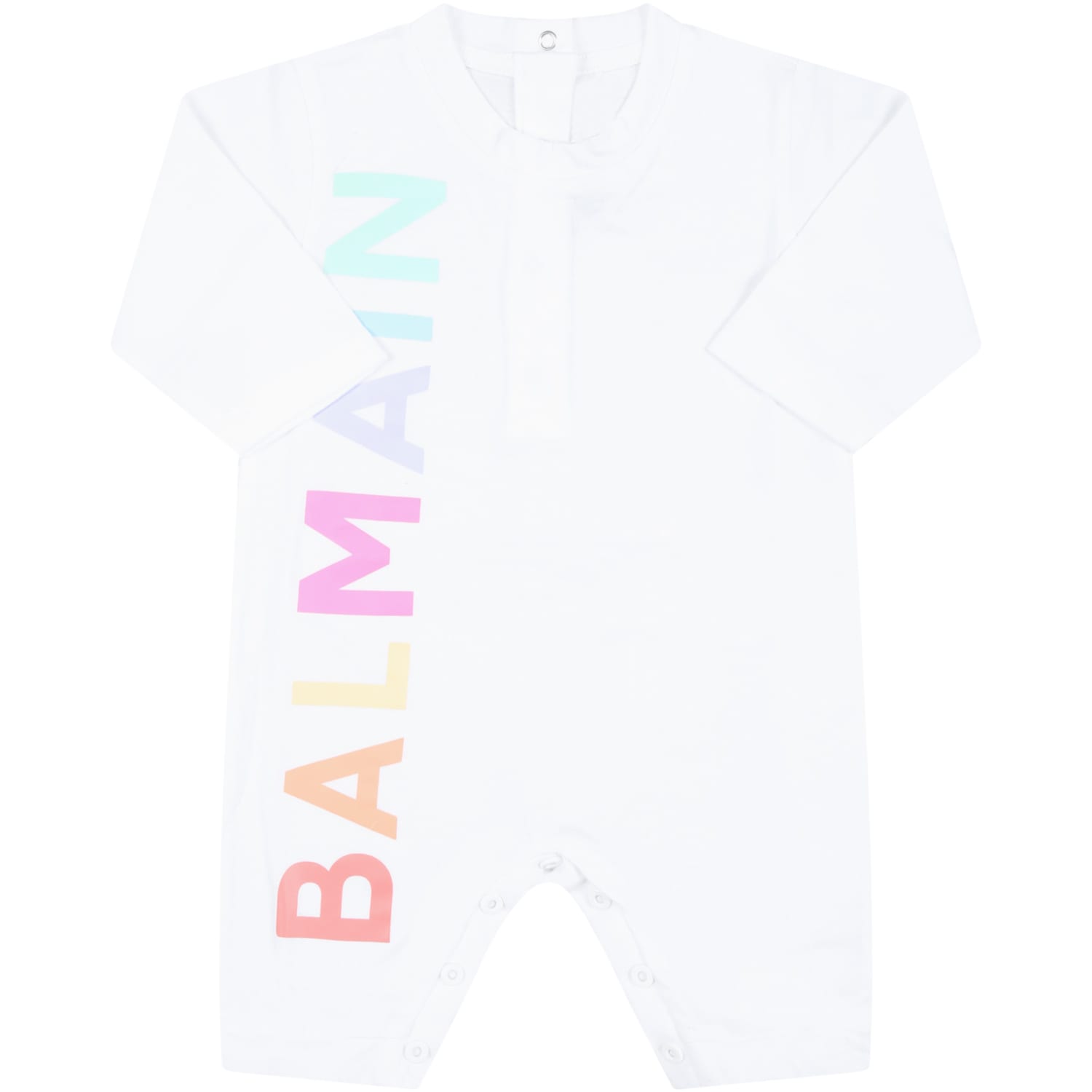 BALMAIN WHITE JUMPSUIT FOR BABYKIDS WITH COLORFUL LOGO