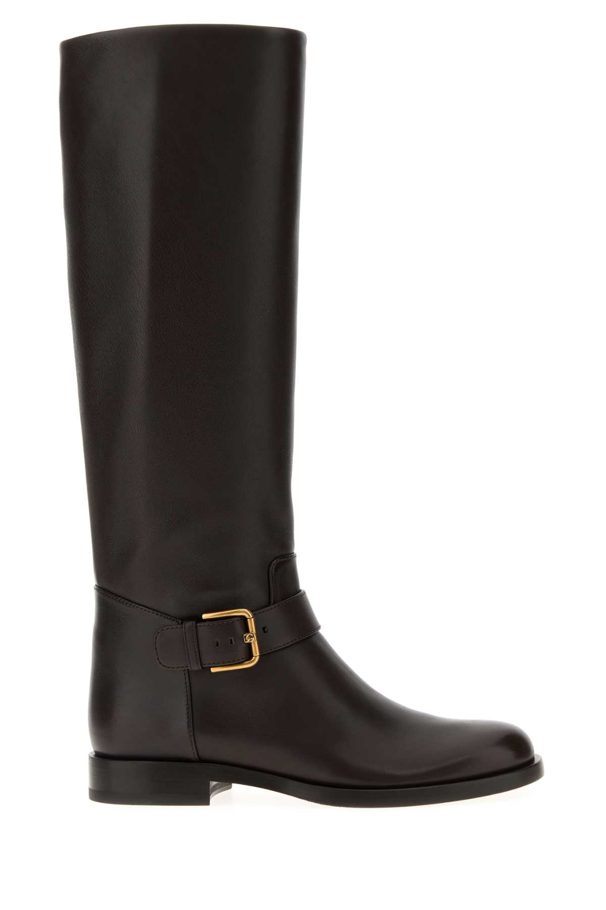 Dolce & Gabbana Knee-high Leather Boots Buckle Detail In Brown