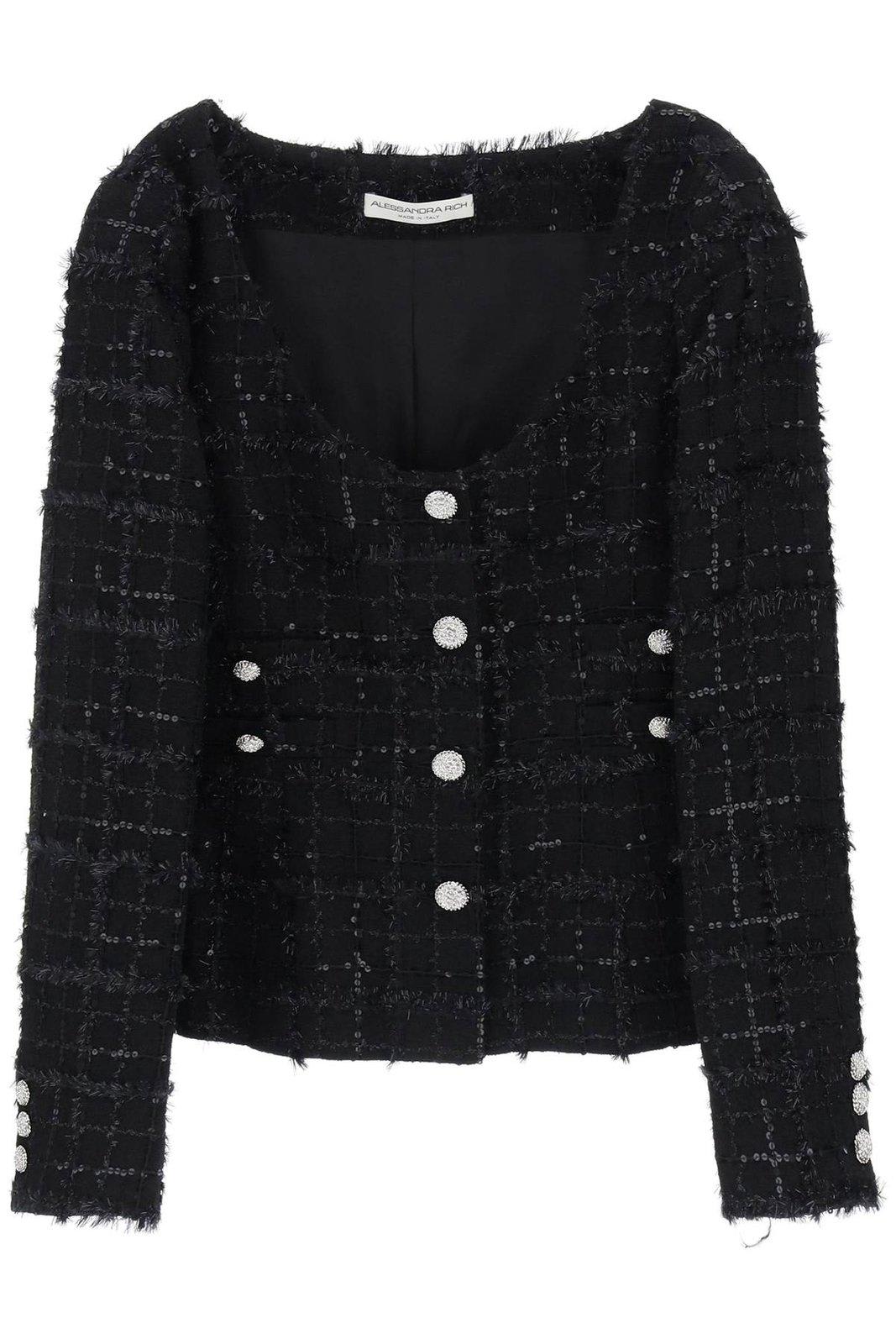 Shop Alessandra Rich Sequin Checked Tweed Jacket In Black