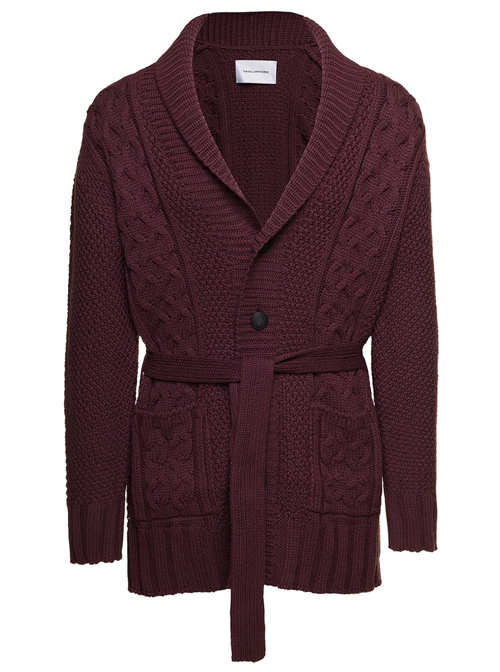 Mahogany Belted Cable Knit Cardigan In Wool Man Tagliatore