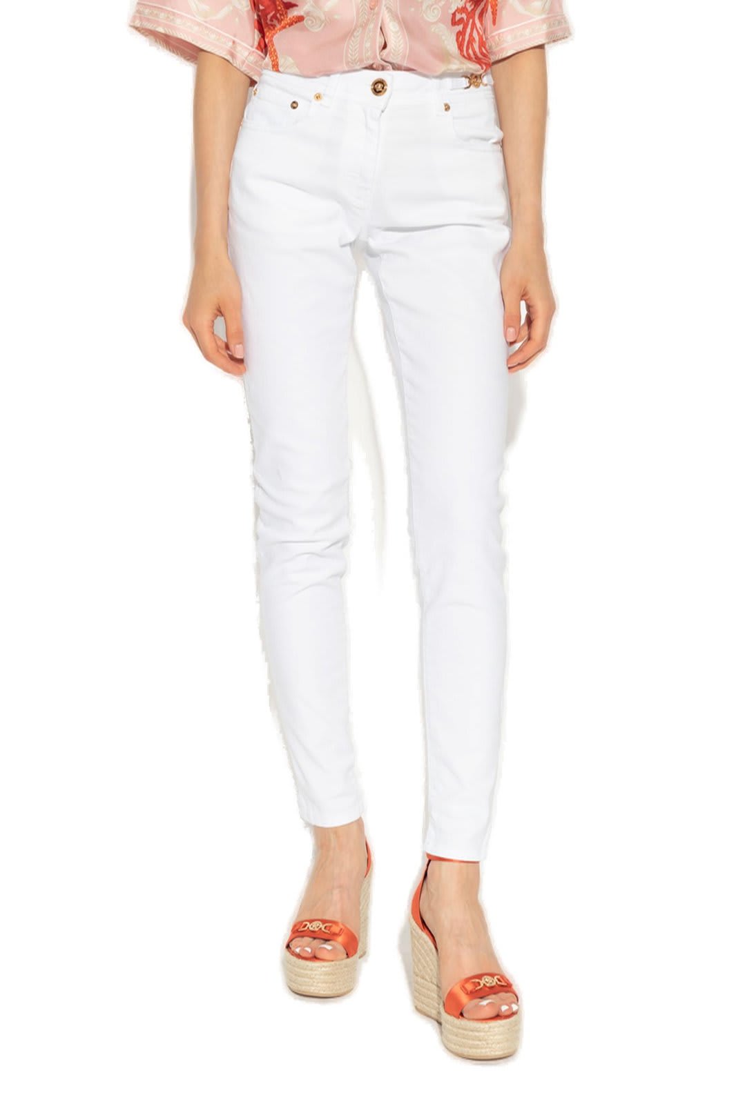 Shop Versace Medusa-plaque Logo-patch Skinny Jeans In White