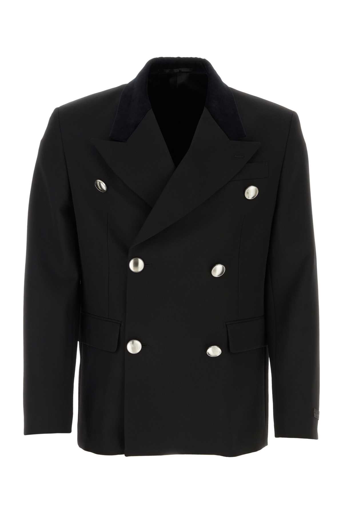 Prada Wool Blazer With Metallic Buttons And Double-breasted Design In Nero