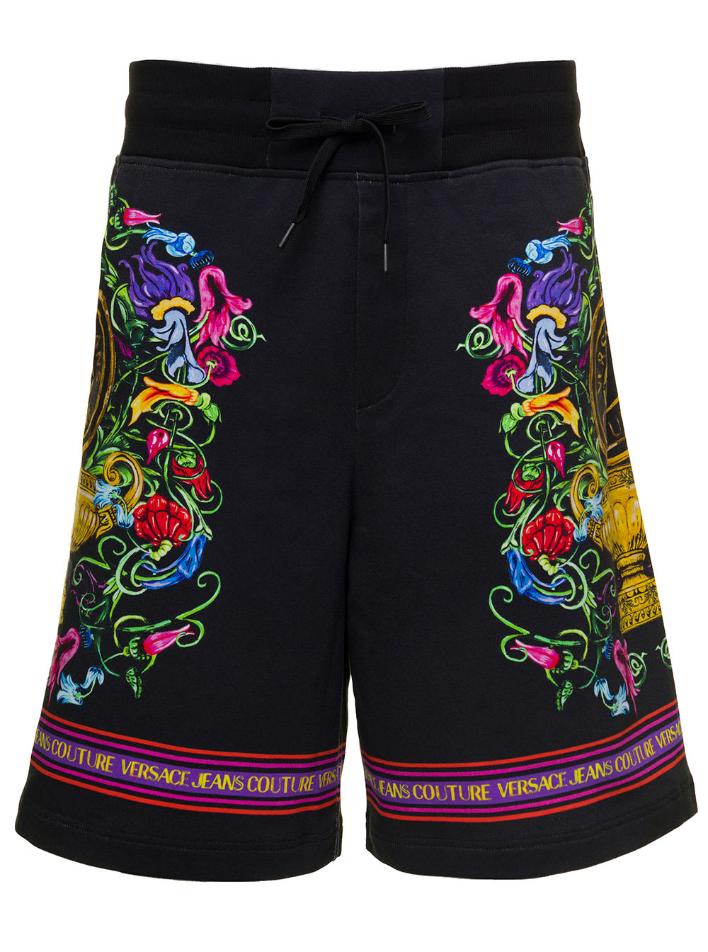 Shop Versace Jeans Couture Black Shorts With Floreal And Logo Lettering Print In Cotton Man In Multicolor