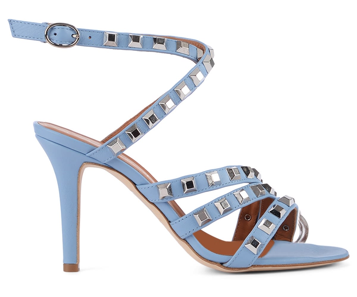 Via Roma 15 Heeled Sandal In Light Blue Leather With Studs