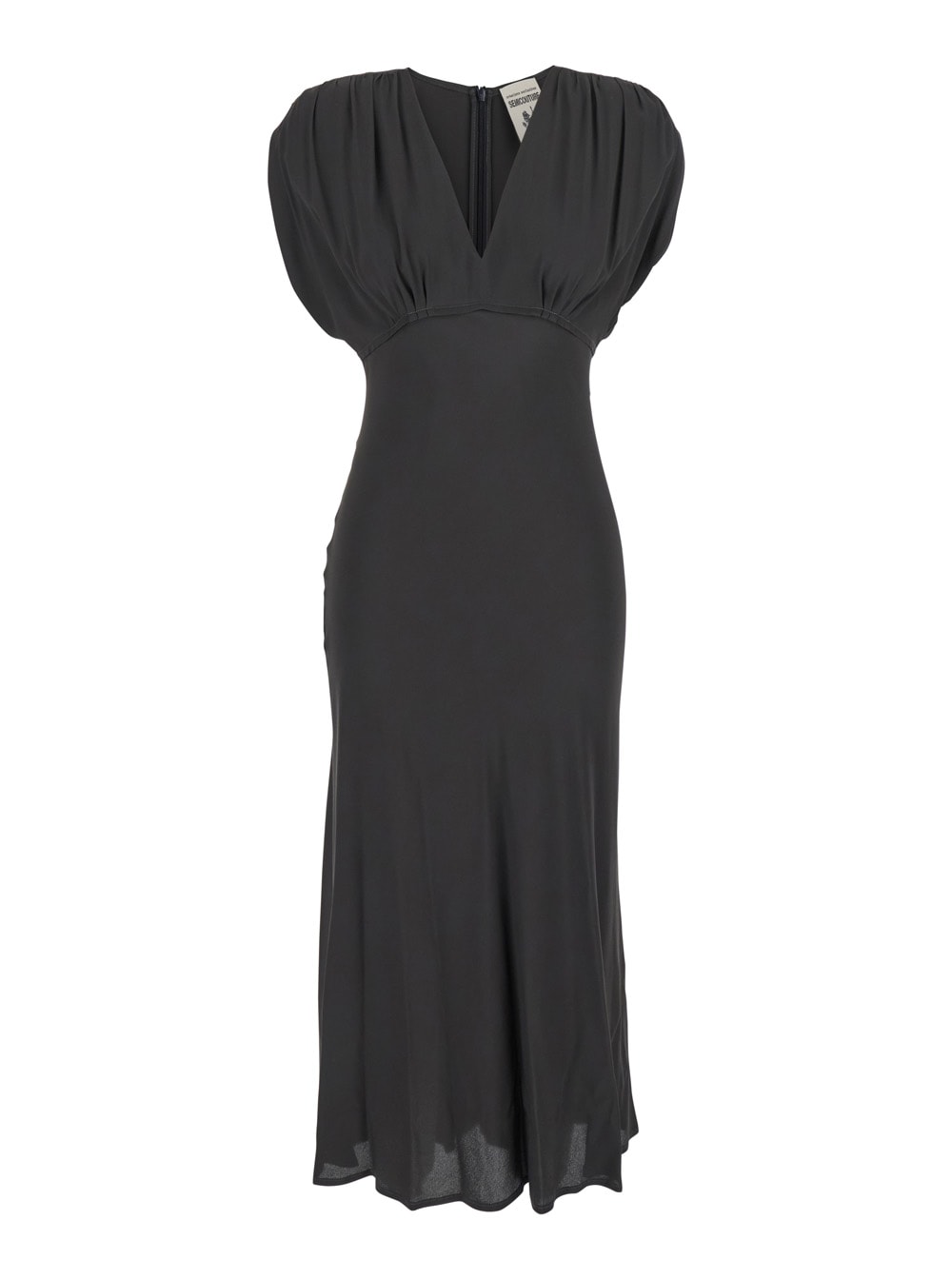 Black Long Dress With V-neck And Ruching On The Shoulders In Silk Blend Woman
