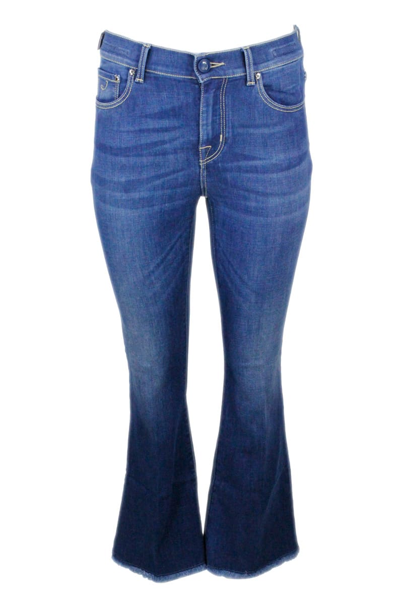 Jacob Cohen Trumpet Denim Jeans Trousers With 5-pocket Fringed Bottom In Stretch Cotton With Natural Indago Zip