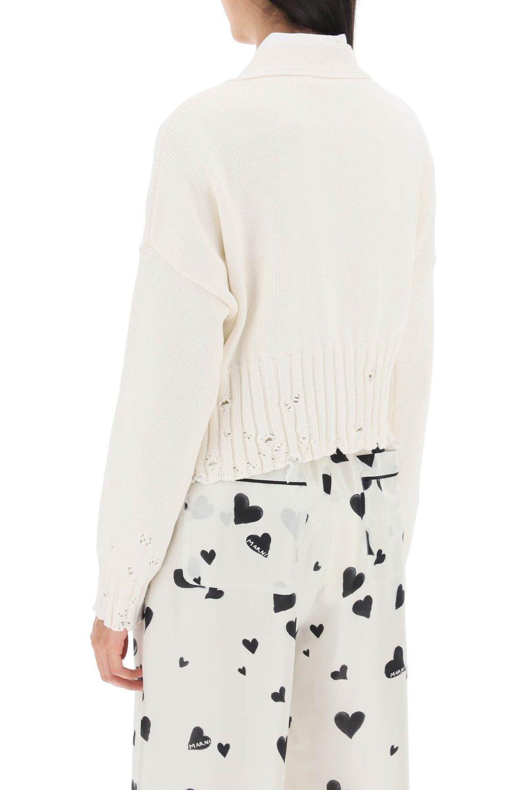 Shop Marni Distressed Cropped Knitted Cardigan In White