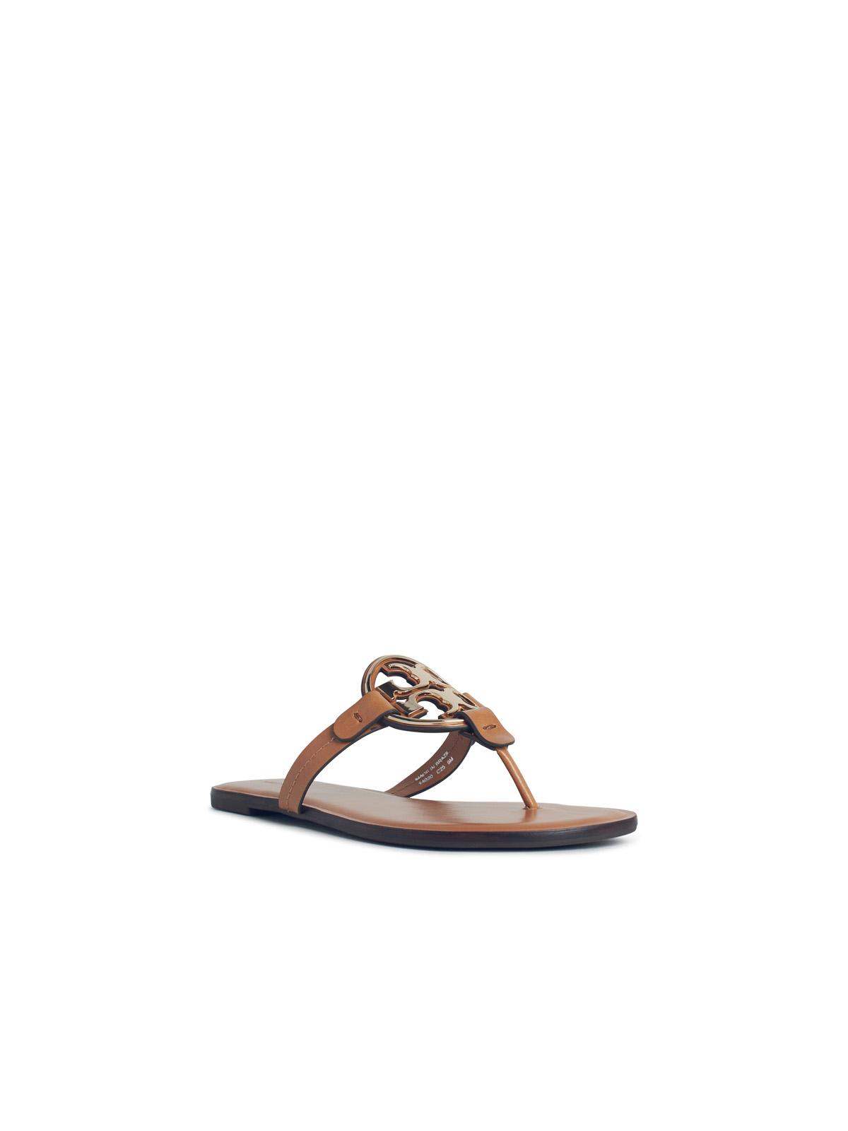 Tory Burch Leather Sandals With Metal Embellishment And T-bar Strap In Brown