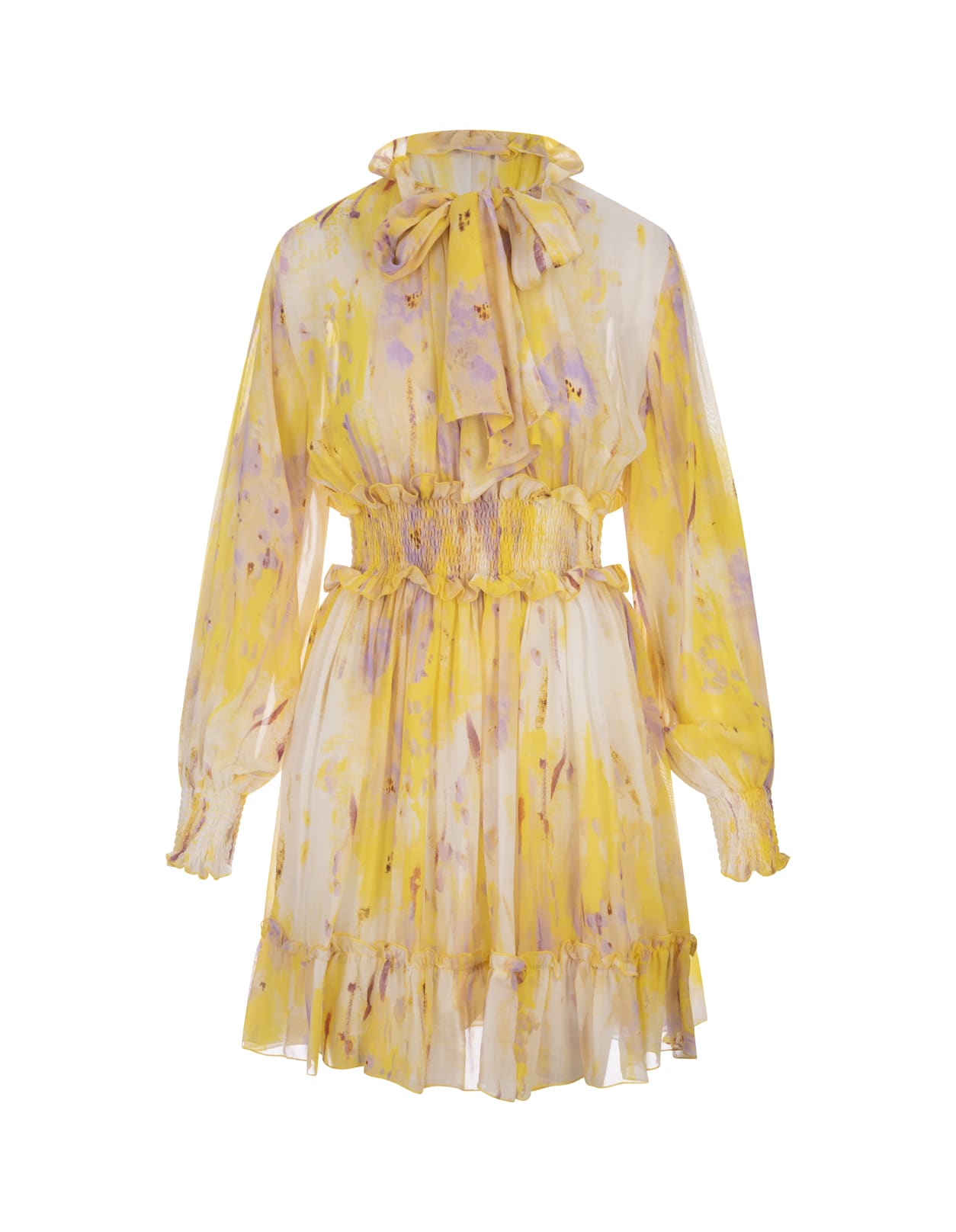 Shop Msgm Short Dress In Georgette With Artsy Flower Print In Yellow