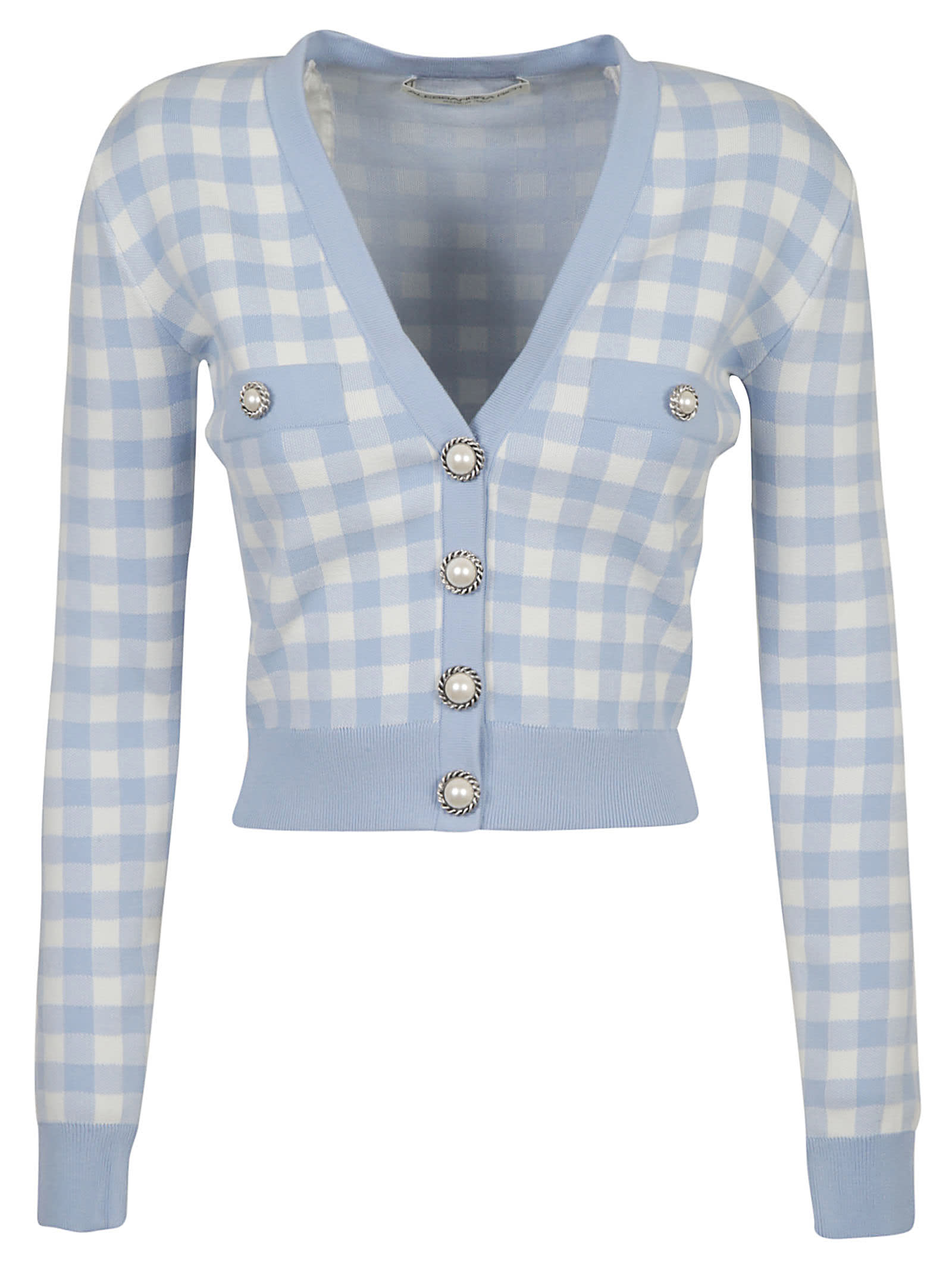 ALESSANDRA RICH GINGHAM KNITTED CROPPED CARDIGAN,FAB2435K3214 27157 LIGHT BLUE WHITE