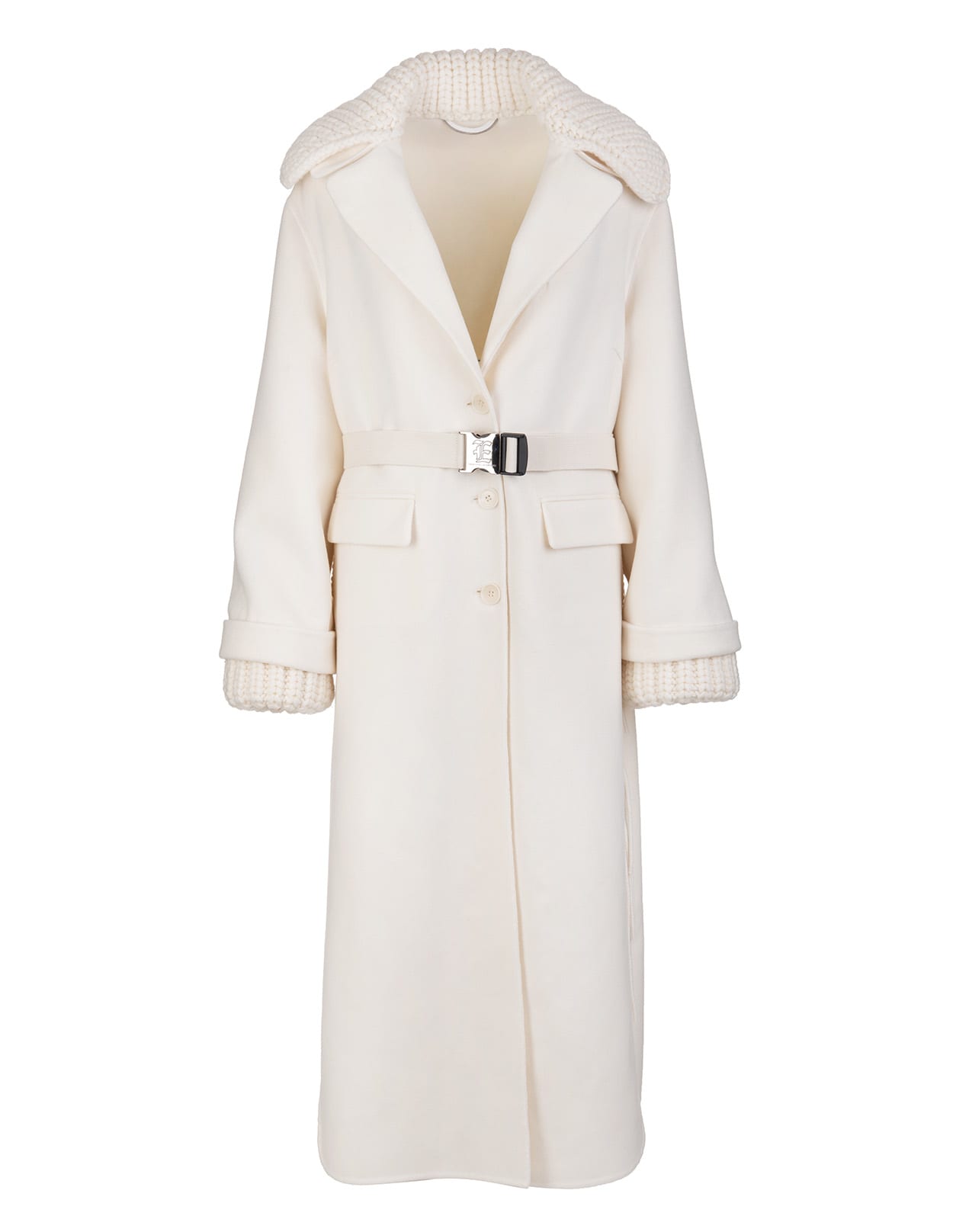 Ermanno Scervino Long Coat In Ivory Wool With Fringes And Ribbed Details