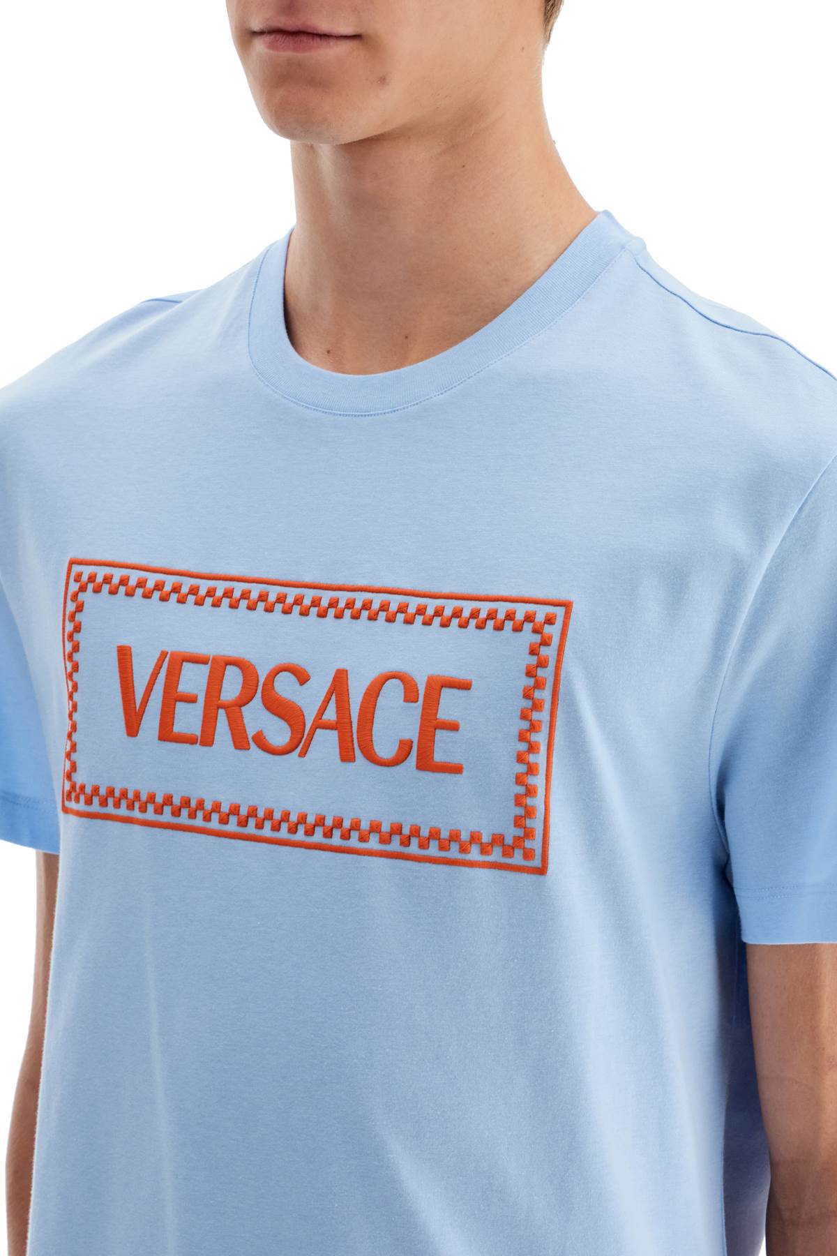 Shop Versace Embroidered Logo T-shirt In Blue Hydrangea (light Blue)