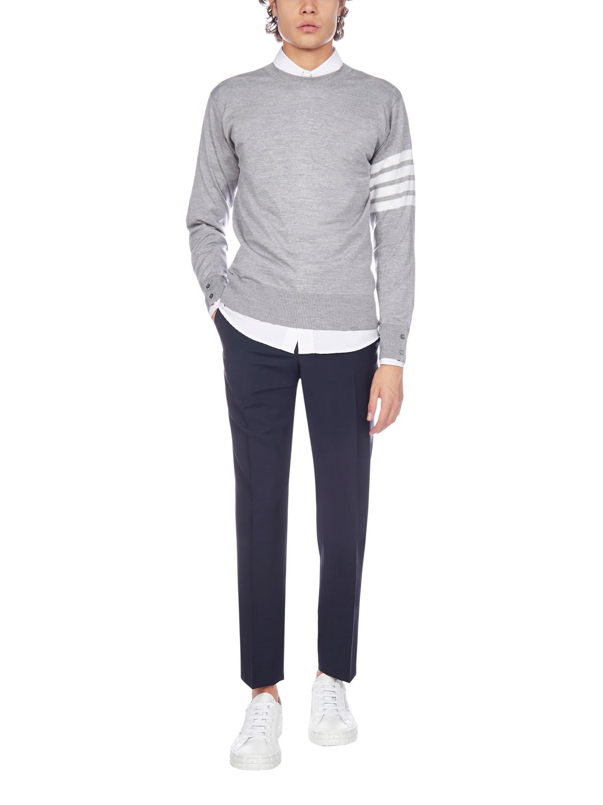 Shop Thom Browne 4-bar Striped Sweater In Pale Grey