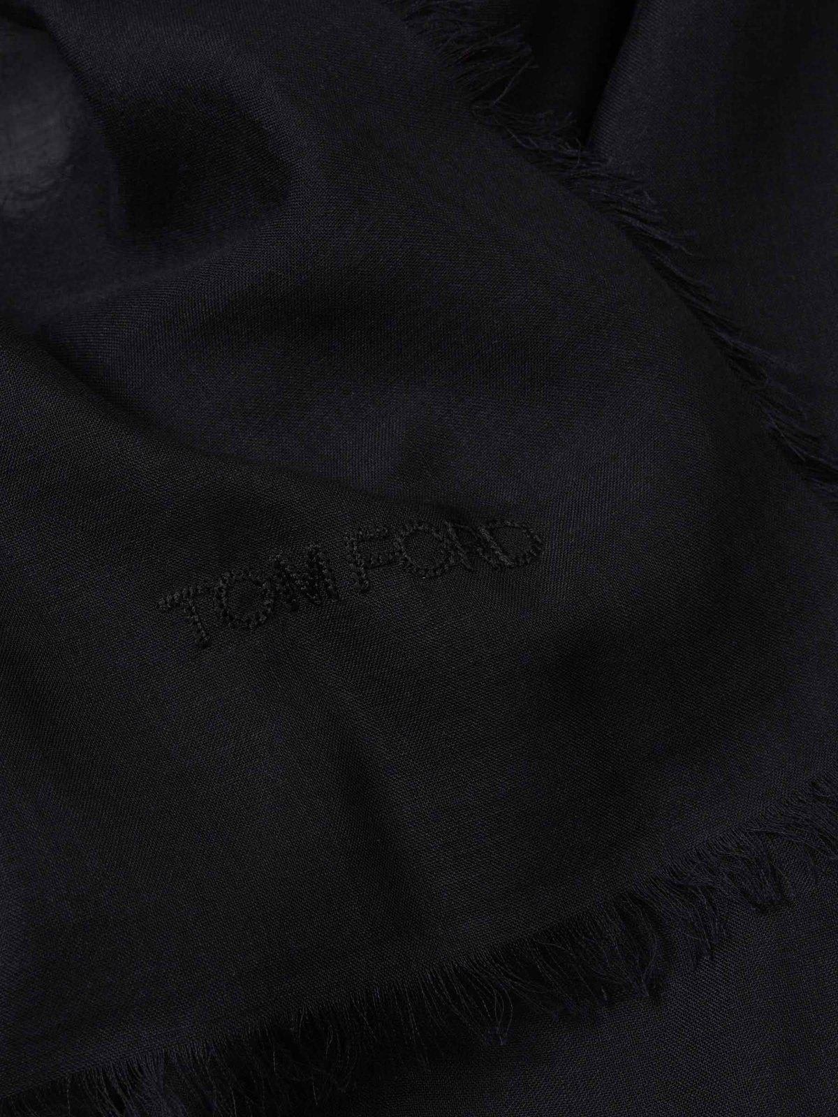 Tom Ford Logo Embroidered Fringed Edge Scarf In Black