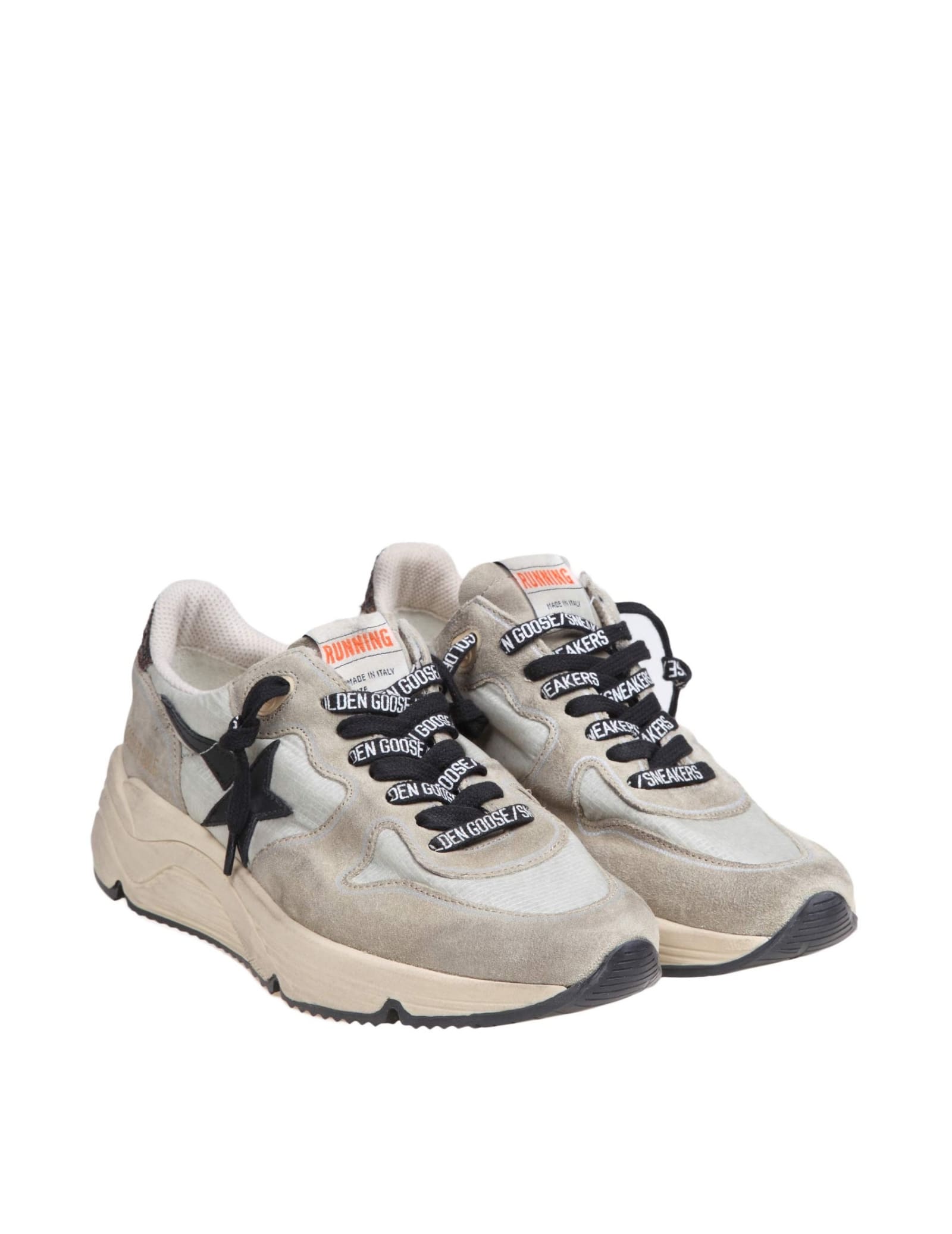 Shop Golden Goose Running Sneakers In Nylon And Suede With Brown Glitter In Beige