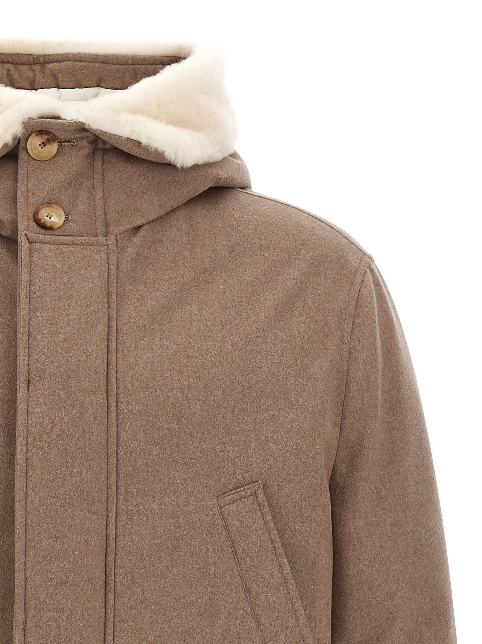 Brunello Cucinelli Flannel Down Jacket Puffer Jackets Beige In Brown