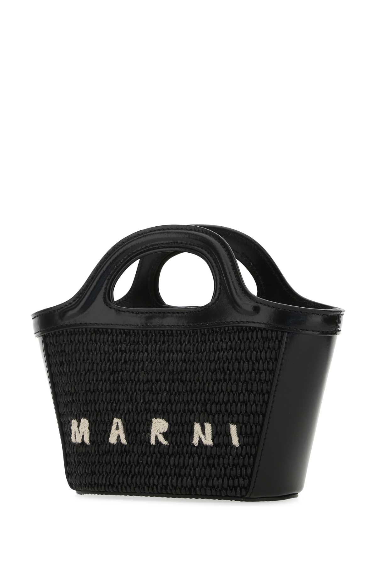 Shop Marni Black Leather And Straw Micro Tropicalia Summer Handbag In 00n99