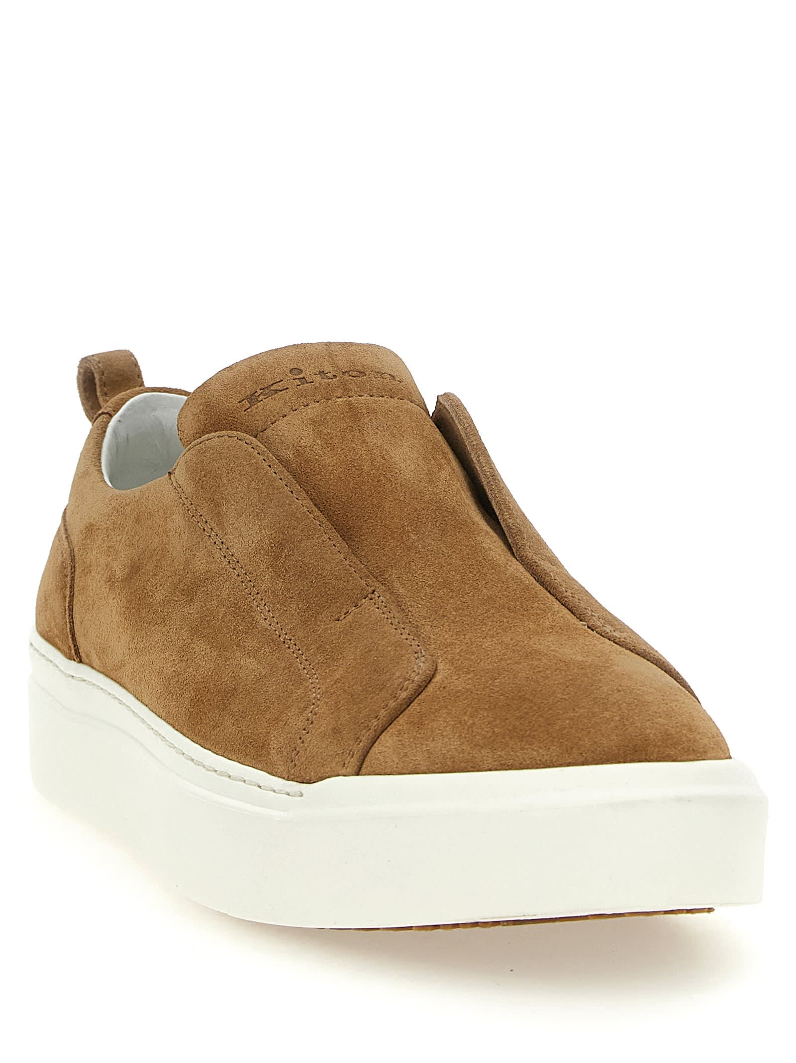 Kiton Round Toe Suede Sneakers With Pull Tab In Brown