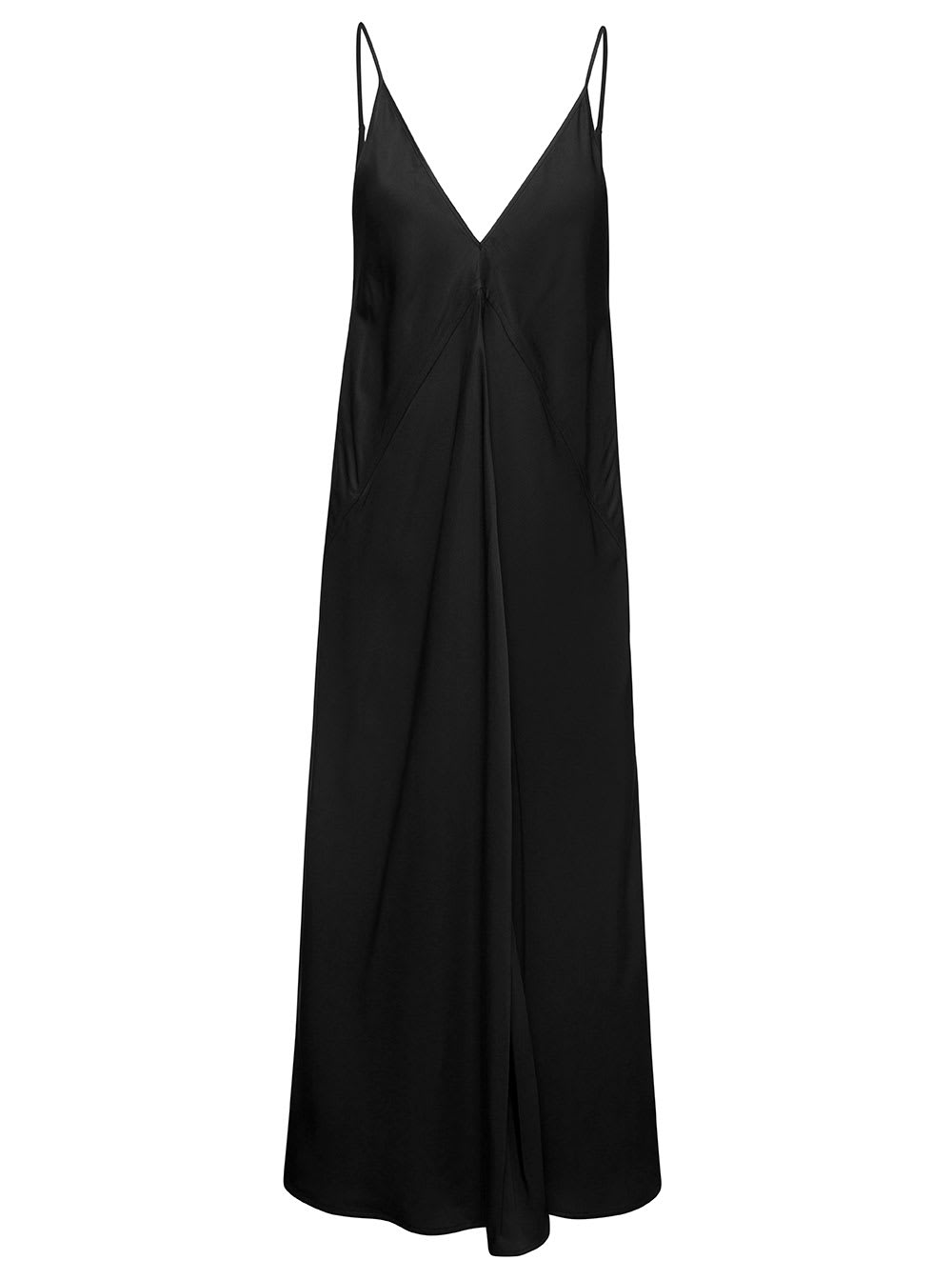 JIL SANDER BLACK CALF LENGHT V-NECK SLIP DRESS, WITH FULL SKIRT AND DIAGONAL CUT, IN VISCOSE WOMAN
