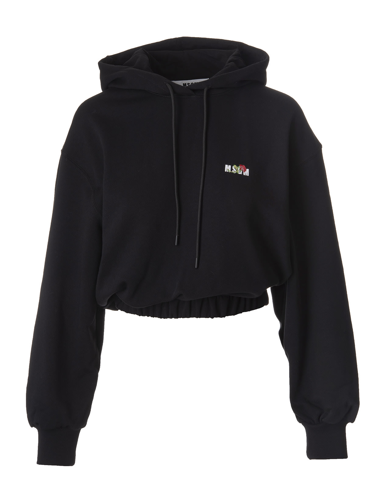 MSGM Woman Black Cropped Hoodie With Micro Logo With Rose