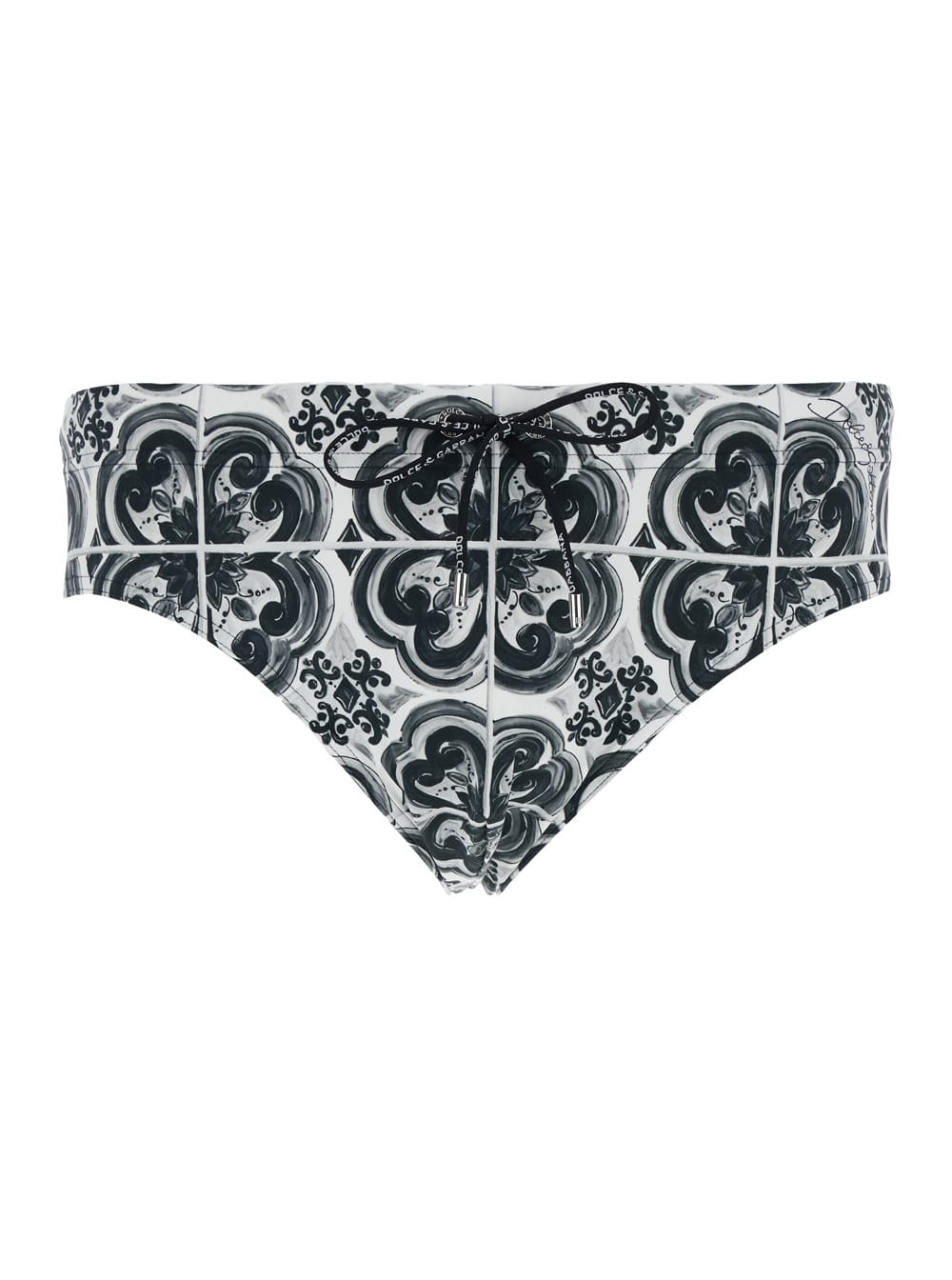 Dolce & Gabbana Black And White Swimsuit With All-over Majolica Print In Techl Fabric Man In Blue