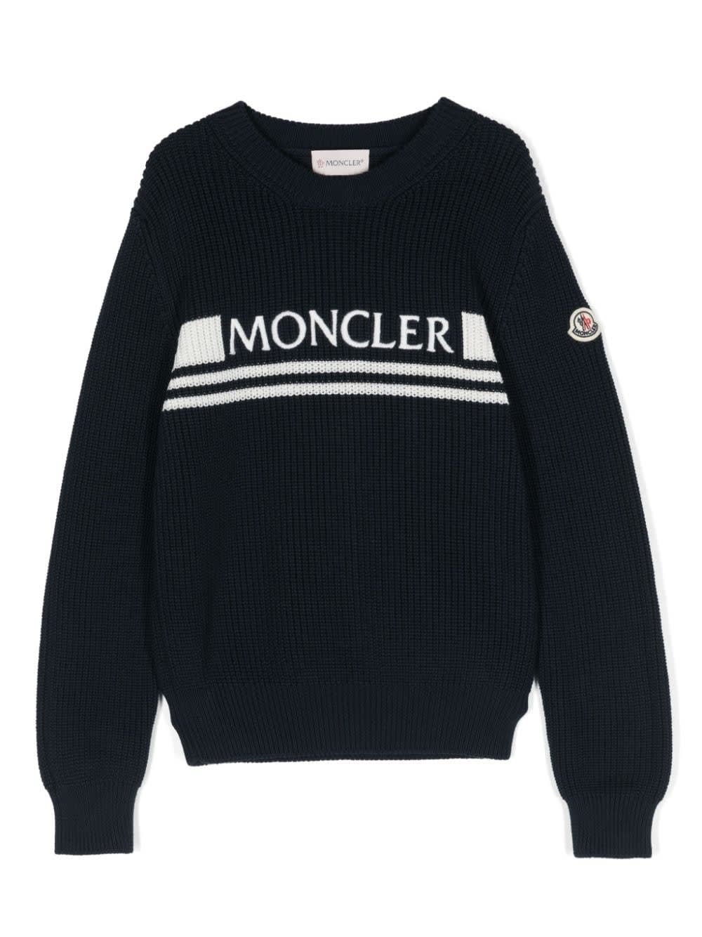 Shop Moncler Cotton Logo Sweater In Blue