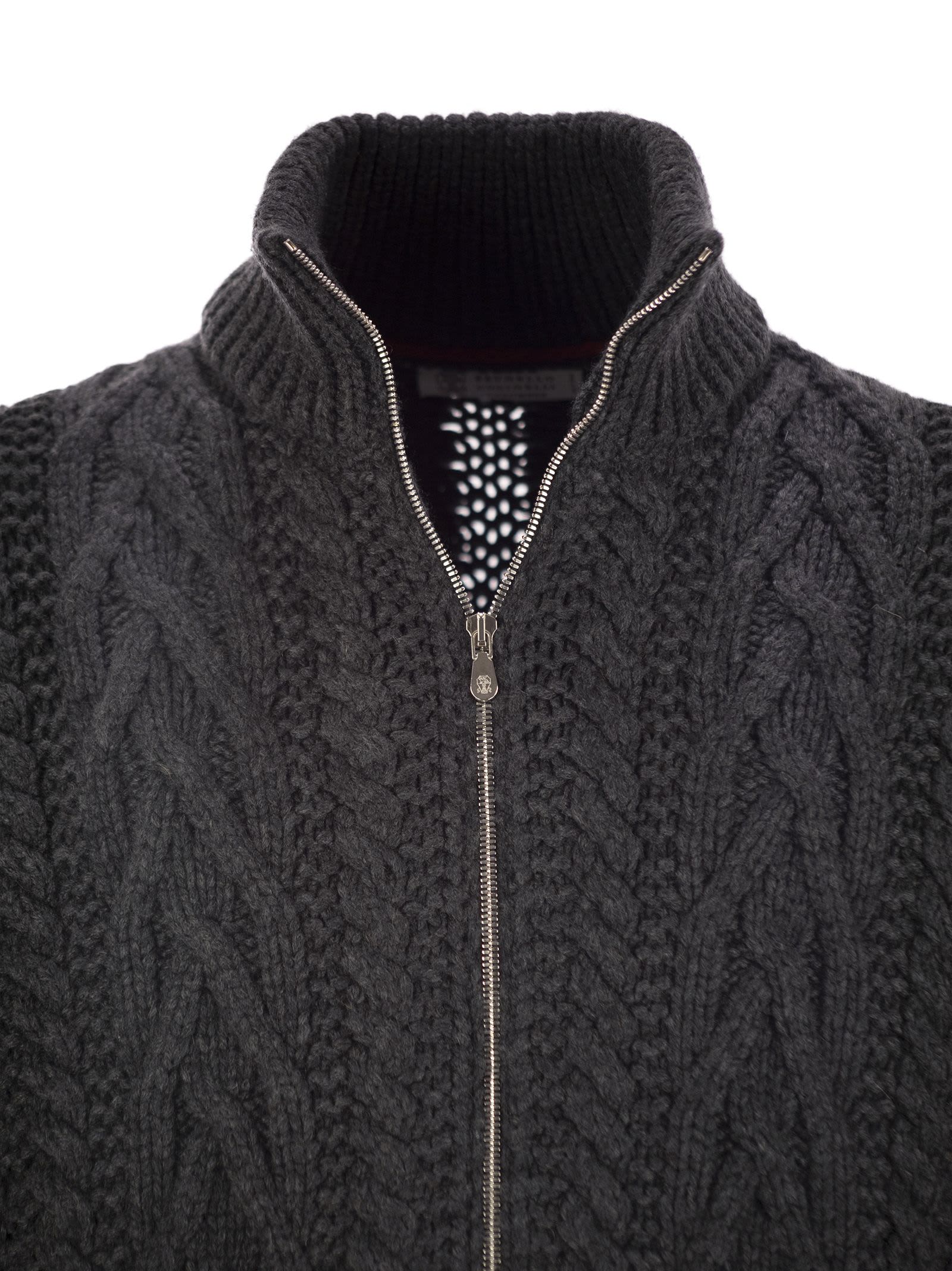 Shop Brunello Cucinelli Soft Virgin Wool And Cashmere Braided Buttoned Cardigan With Zip In Dark Grey