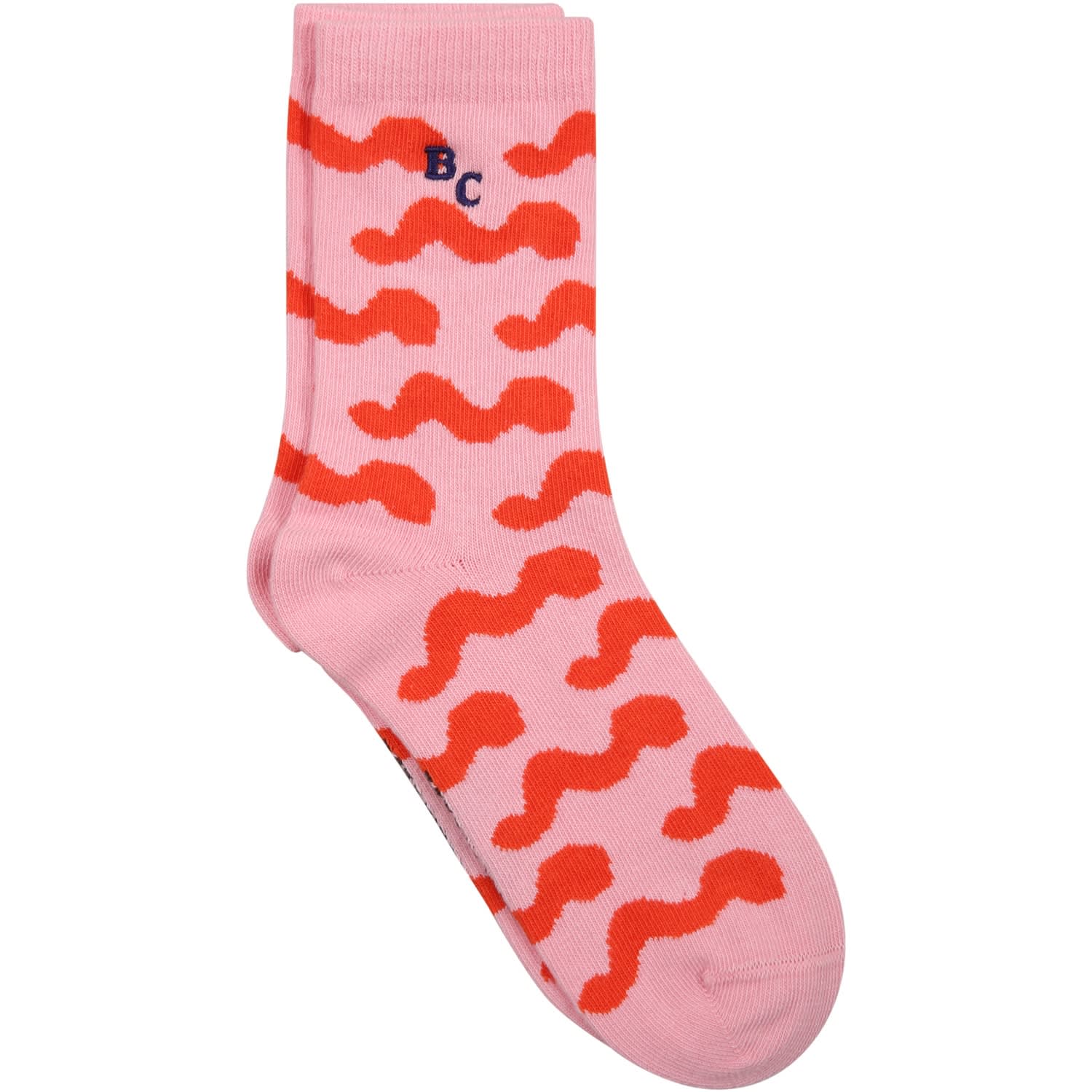 Bobo Choses Kids' Pink Socks For Girl With Red Waves And Logo