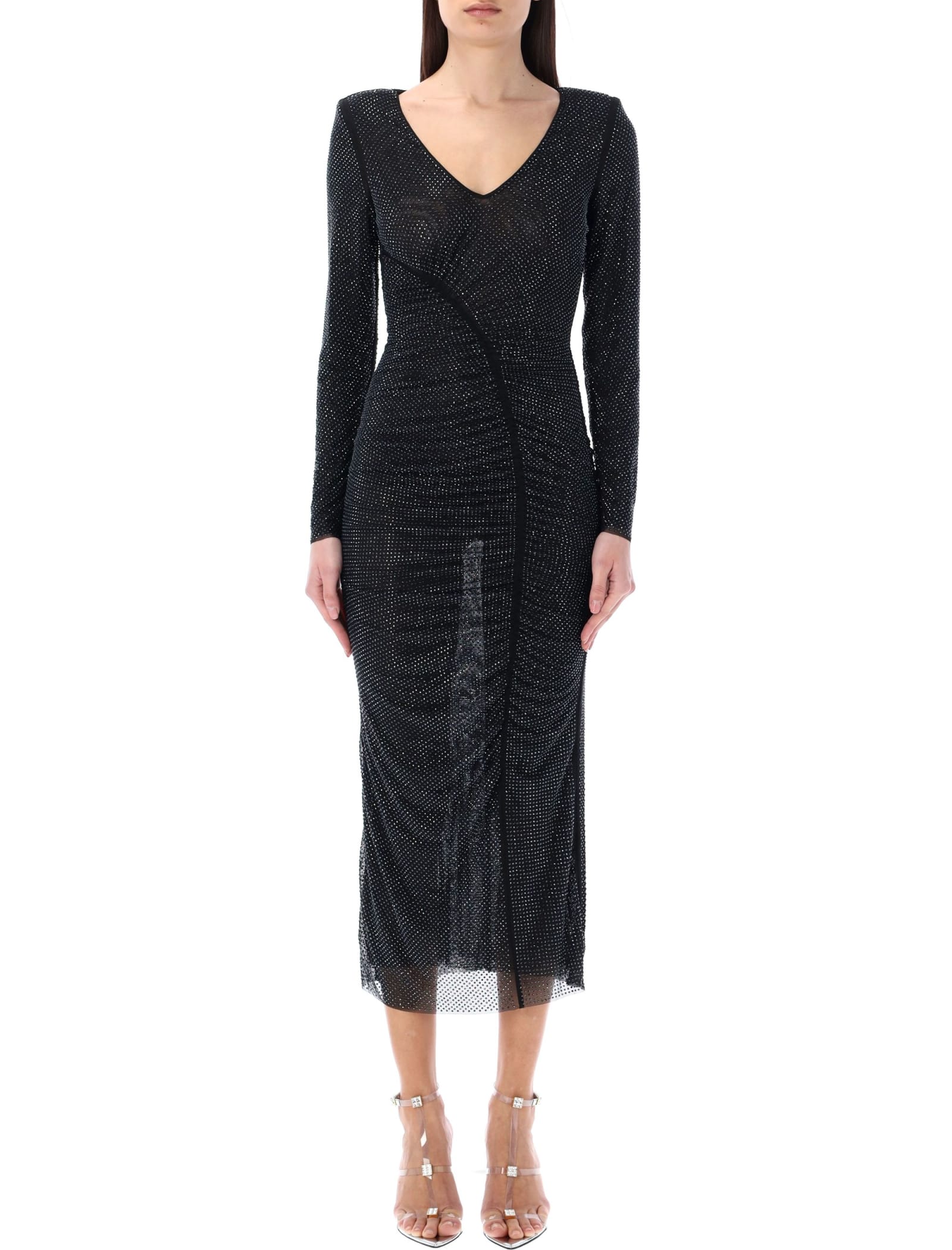 Shop Self-portrait Rhinstone Gathered Midi Dress In Black