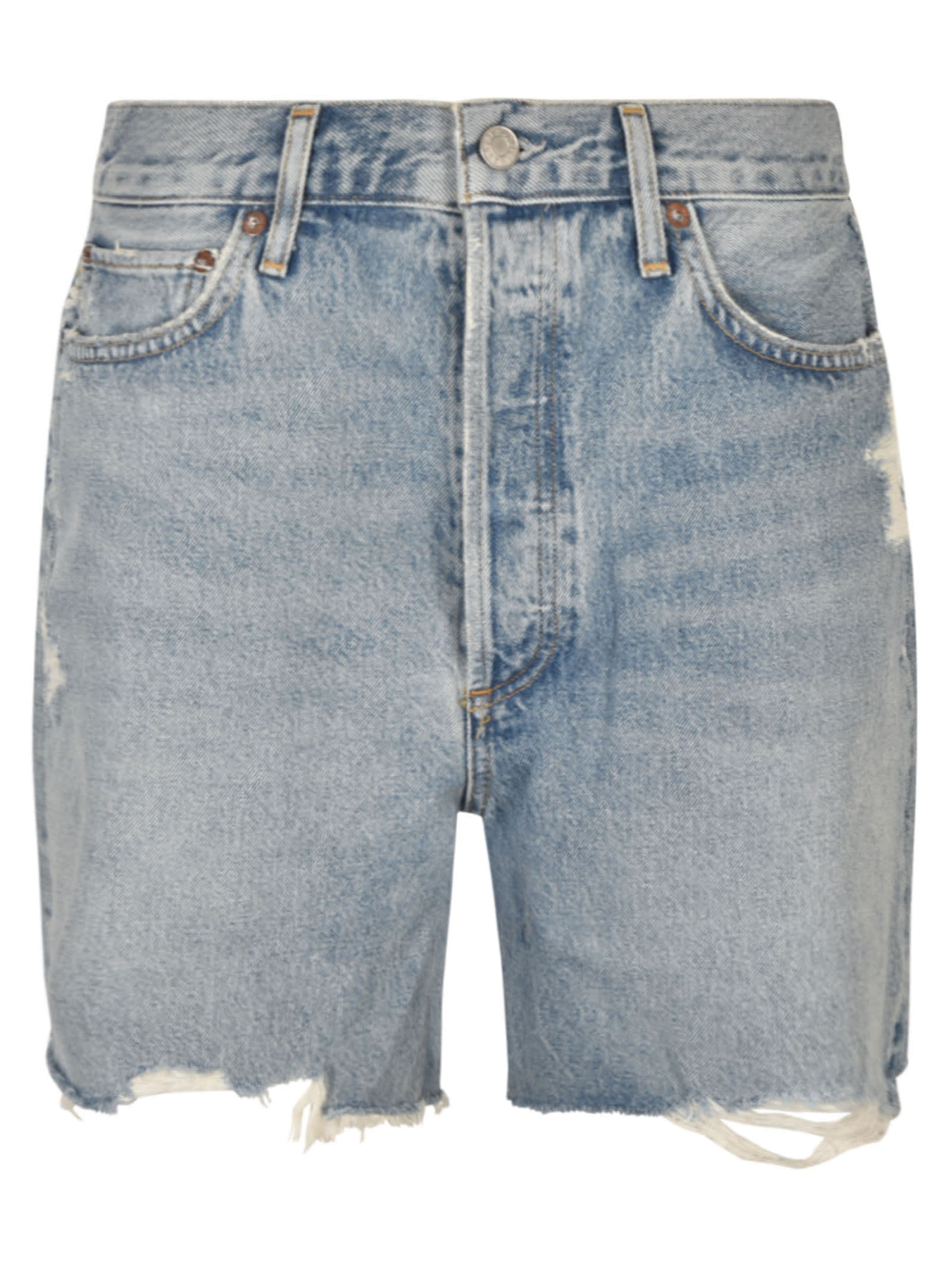 Shop Agolde Destroyed Effect Denim Shorts In Clear Blue