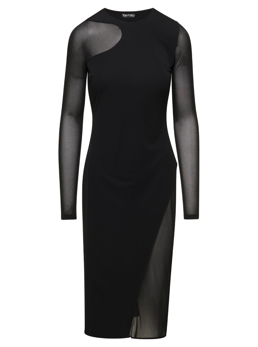 TOM FORD BLACK MIDI SHEATH DRESS WITH ASYMMETRIC SEMI SHEER INSERTS IN VISCOSE WOMAN TOM FORD